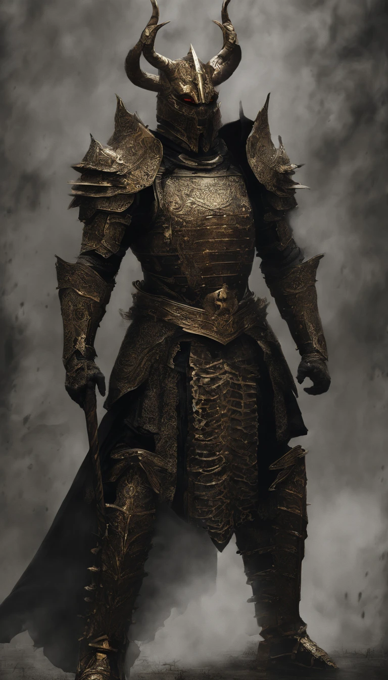 warrior, concept-art, author：Kishiganku, Fantasy art, battleground background, clean render, a horned, Wear a suit of armor, Detailed bushido form smoke, helmet of a forgotten deity, character is standing, 8k Realistic, in game render, detailed face background detail, Art station front page, taur, Pseudo-medieval fantasy, A deity wearing koi armor, detailed bronze armor, Bronze armor, golden etched armor, gold obsidian armor, Light gold armor, Gorgeous filigree armor, A demonic warrior, Gorgeous armor full of thorns, Intricate assasin armor, Intricate metal armor, powerful warrior, Dressed in gorgeous gold armor，Decorated with intricate patterns, The helmet has a large crown and two horns,Glowing red eyes， Everything is in the dark, The smoky background hints at battle scenes, Add an ominous aura to his character，submission, Full body shot.