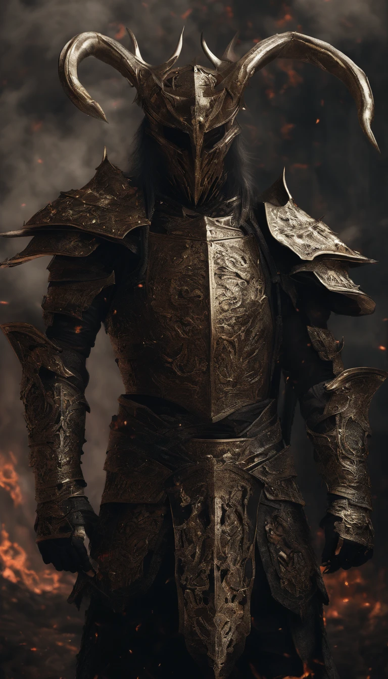 warrior, concept-art, author:Kishiganku, Fantasy art, battleground background, clean render, a horned, Wear a suit of armor, Detailed bushido form smoke, helmet of a forgotten deity, character is standing, 8k Realistic, in game render, detailed face background detail, Art station front page, taur, Pseudo-medieval fantasy, A deity wearing koi armor, detailed bronze armor, Bronze armor, golden etched armor, gold obsidian armor, Light gold armor, Gorgeous filigree armor, A demonic warrior, Gorgeous armor full of thorns, Intricate assasin armor, Intricate metal armor, powerful warrior, Dressed in gorgeous gold armor,Decorated with intricate patterns, The helmet has a large crown and two horns,Glowing red eyes, Everything is in the dark, The smoky background hints at battle scenes, Add an ominous aura to his character,submission, Full body shot.
