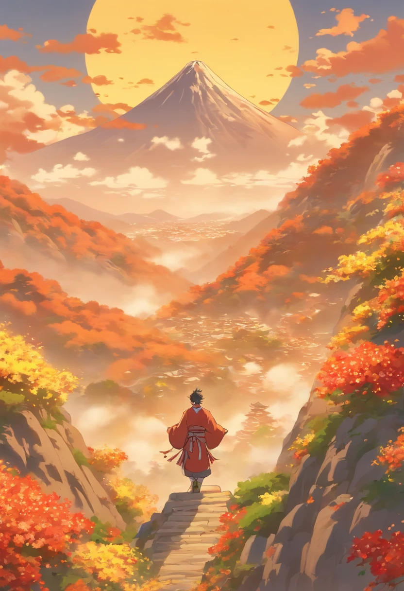 Chung yeung festival, Beautiful autumn scenery, Man stands on a mountain peak,Chrysanthemums on the road,climbing mountain, Sun on the mountain, Warm look, A cartoon illustration, Masterpiece, Best quality, Super quality, Details, Best light and shadow, Best shadow,Autumn, Light gold background