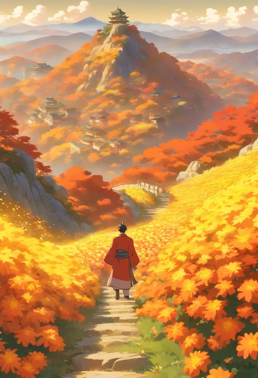 Chung yeung festival, Beautiful autumn scenery, Man stands on a mountain peak,Chrysanthemums on the road,climbing mountain, Sun on the mountain, Warm look, A cartoon illustration, Masterpiece, Best quality, Super quality, Details, Best light and shadow, Best shadow,Autumn, Light gold background