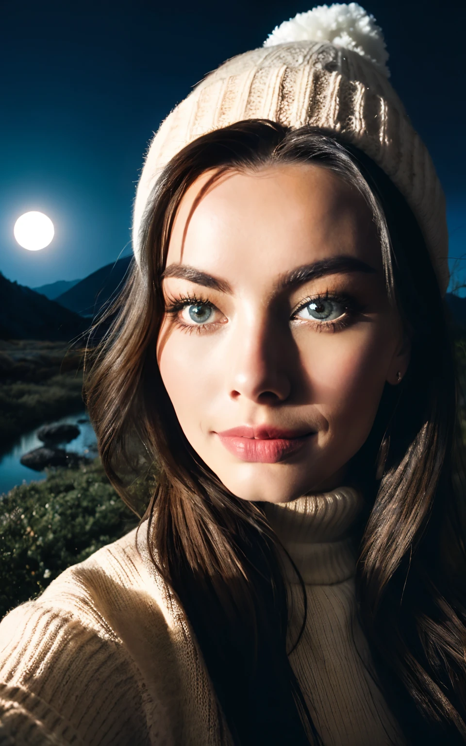 Margot Robbie, photorealistic, best quality, hyper detailed, beautiful woman, selfie photo, upper body, solo, wearing pullover, outdoors, (night), mountains, real life nature, stars, moon, (cheerful, happy), sleeping bag, gloves, sweater, beanie, flashlight, forest, rocks, river, wood, smoke, fog, clear sky, analog style, looking at viewer, skin texture, film grain, close up, ultra high res, best shadow, RAW, instagram LUT