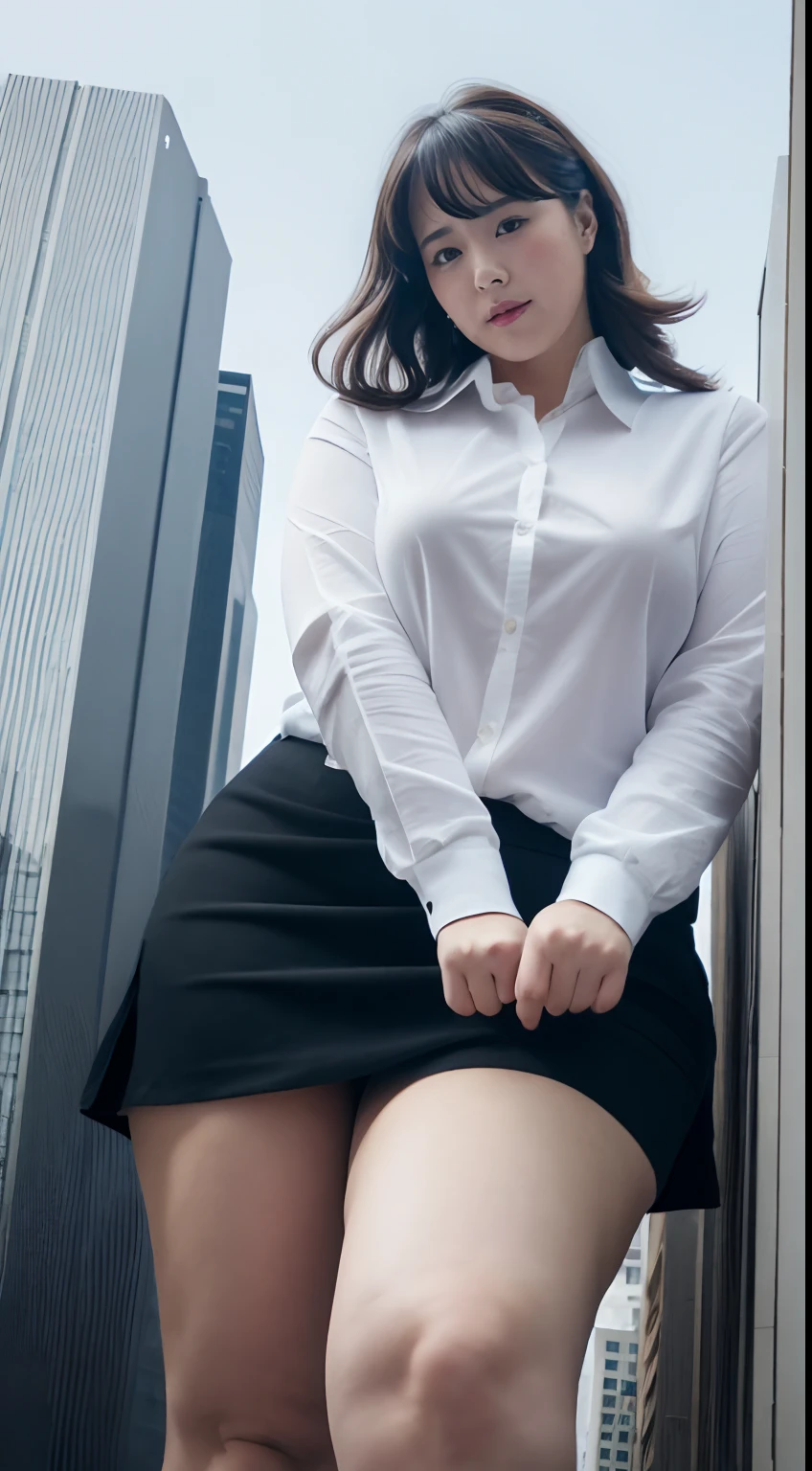 der riese、Giant、Woman taller than the building、Realistic、Writing,white  shirt、Collared shirt、wearing a shirts、White cutter shirt、Shirt buttons are snapped、a black skirt、Office Suits、professional photograpy、Does not expose the skin, Japanese Models,、,The skin is not exposed、fleshy body, large boob、 You can see the bulge of the nipple through the shirt、big butts、Big belly、thick thight、thick arms、Round face、Fat face、chubby cheeks、Sauce order、big eye、A dark-haired、short-haired、Looking Up、tokyo prefecture、