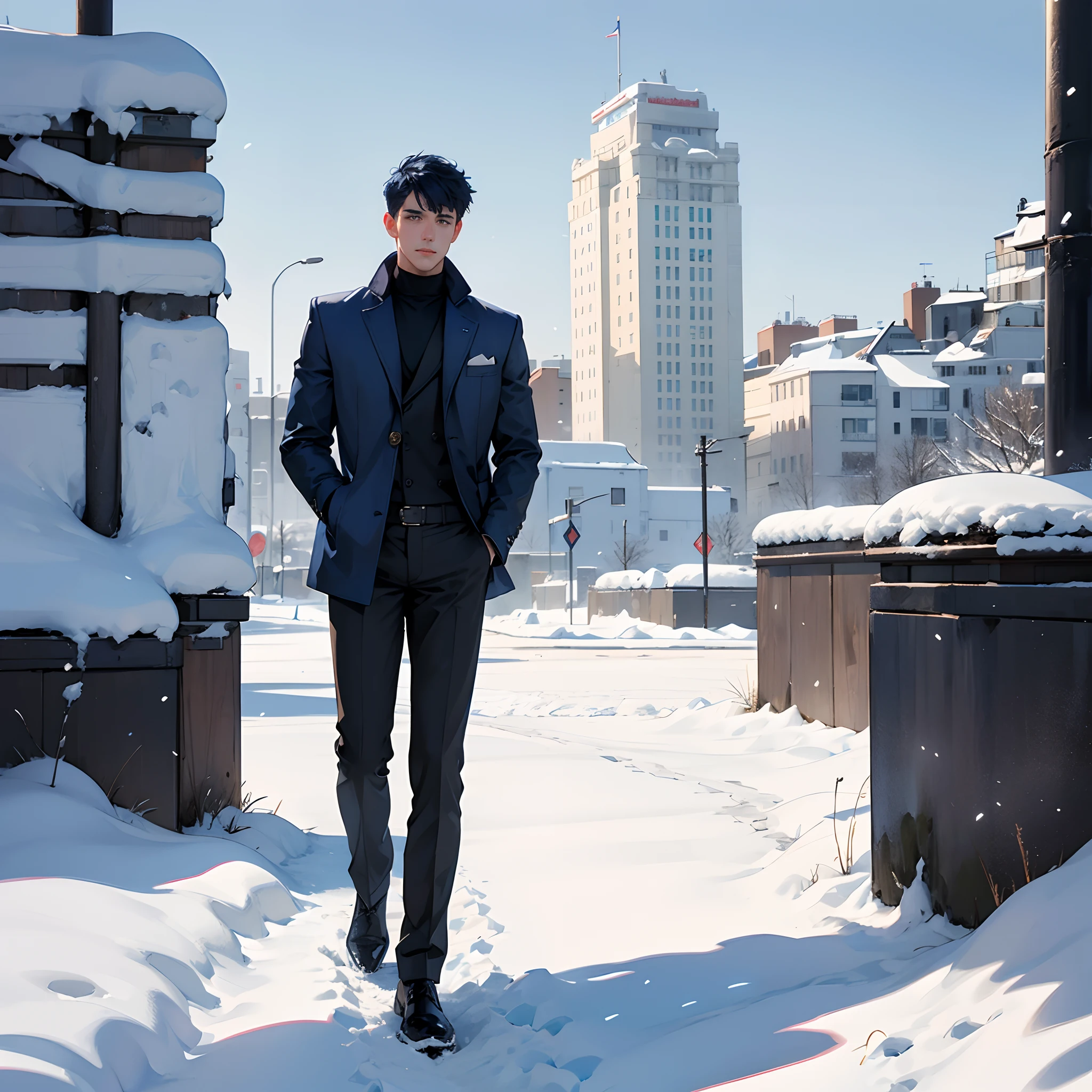 Handsome boy, French crop haircut, navy blue hair, snow hill background, bumber jacket, 8k ultra, full body, full HD