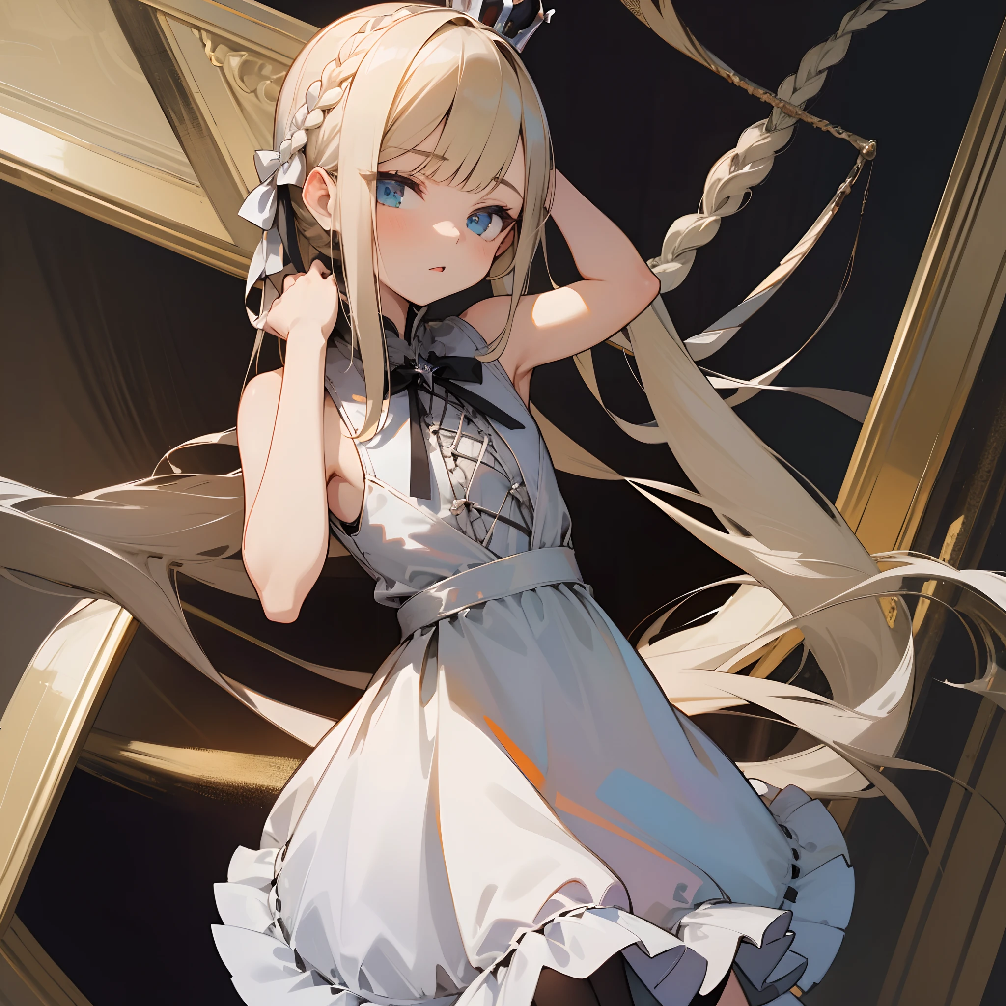 Reines, 1girl, high quality, best quality, illustration, masterpiece, (highly detailed:1.2), (extremely detailed:1.3), flat ?????, sleeveless, gothic lolita, young girl, white dress, looking at viewers, short skirt, white, string ribbon, crown braid