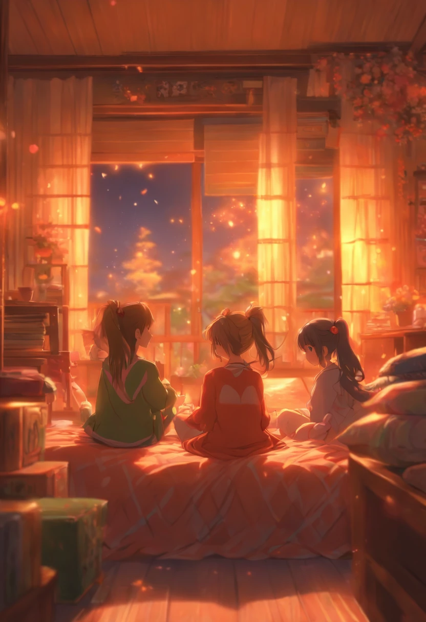 Absurd resolution, high resolution, (Masterpiece: 1.4), Super detailed, (((Detailed face, Detailed expression)), Two girls, Girls and girls, Friends, best friends, Classmates, Relax, pony tails, Bob, sitting on bed, sitting down on the floor, Two are talking, The background is in the room, Friends, best friends, Home, 1k, Small room, Curtains, Bed, Tv, desk, Confectionery, Talk to friends about travel, collection, fun, Smile, Room Wear, Kyoto Animation, Kyoto animation atmosphere, glitters, brilliance,
