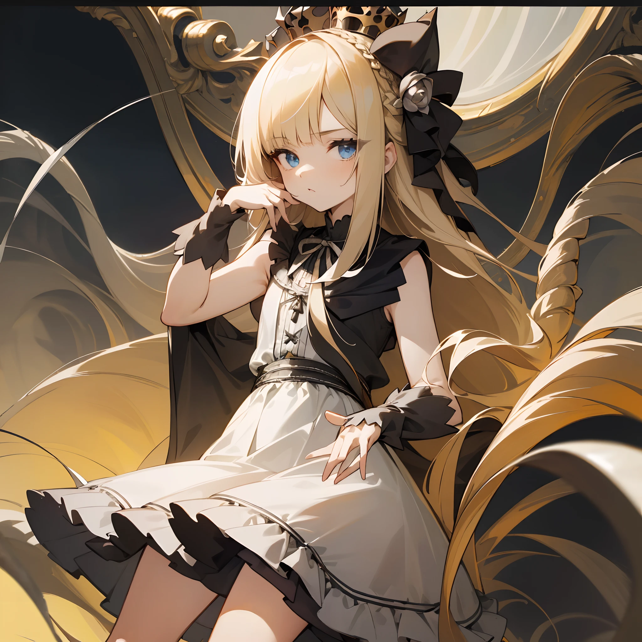 Reines, 1girl, high quality, best quality, illustration, masterpiece, (highly detailed:1.2), (extremely detailed:1.3), flat chest, sleeveless, gothic ta, young girl, white dress, looking at viewers, short skirt, white, string ribbon, crown braid