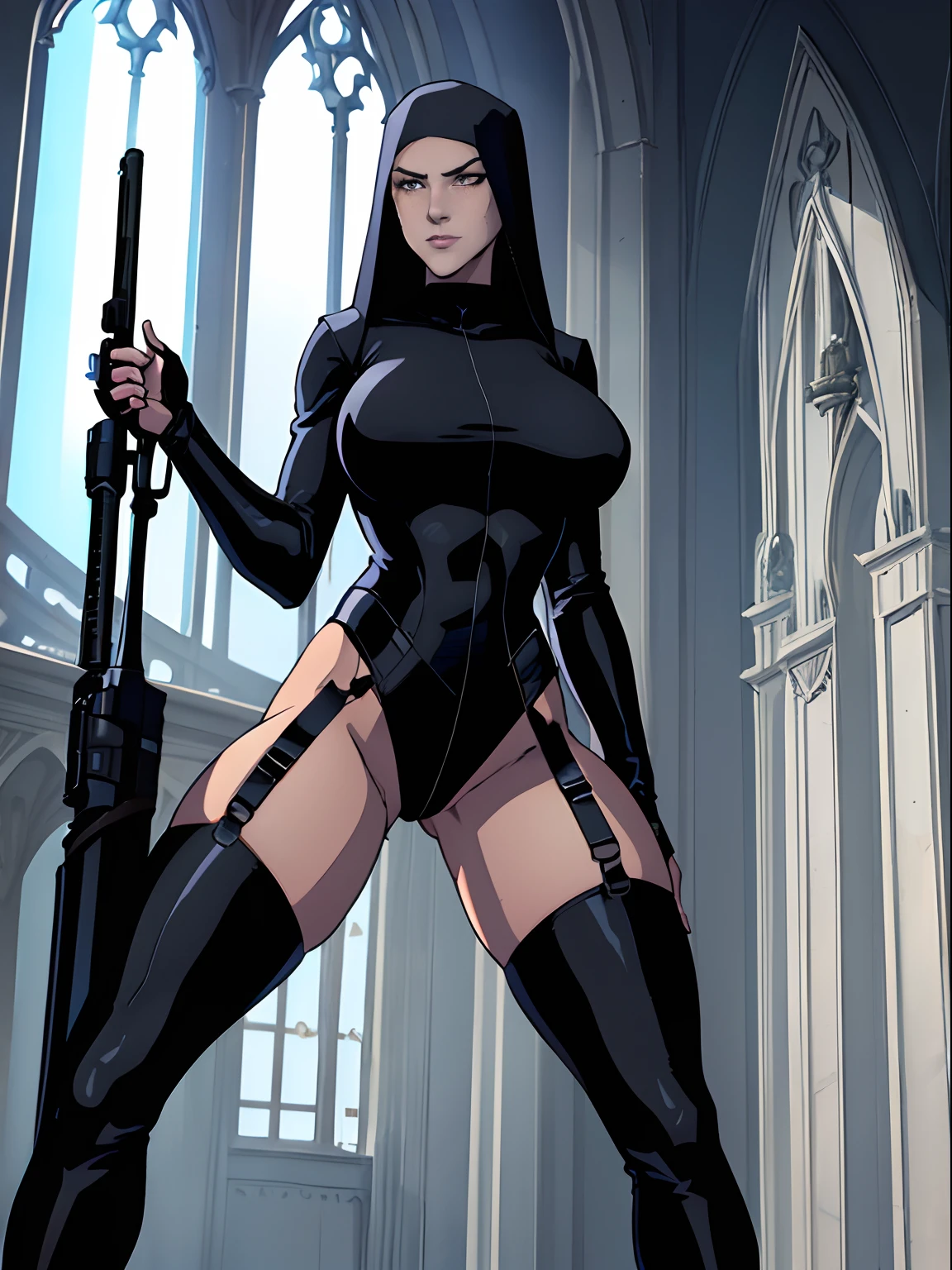 (masterpiece, top quality, best quality, official art, beautiful and aesthetic:1.2), (1girl:1.3), light freckles, fair skin, extremely detailed, portrait, looking at viewer, solo, (full body:0.6), detailed background, close up, (dark gothic theme:1.1), nun with guns, charlatan, smirk, mysterious, swaggering through cathedral, modest attire, black habit, cowl, nun hood, wimple, thigh-high boots, bodysuit, leotard, corset, leather straps, ammunition pouches, long boots, submachineguns, SMGs, MP5s, thigh pouches, holsters, garters, ((((narrow hips, slim sexy body, gigantic breasts)))), slim waist, slim hips, long legs, modern (cathedral exterior:1.1) background, dark mysterious lighting, shadows, magical atmosphere, dutch angle,
