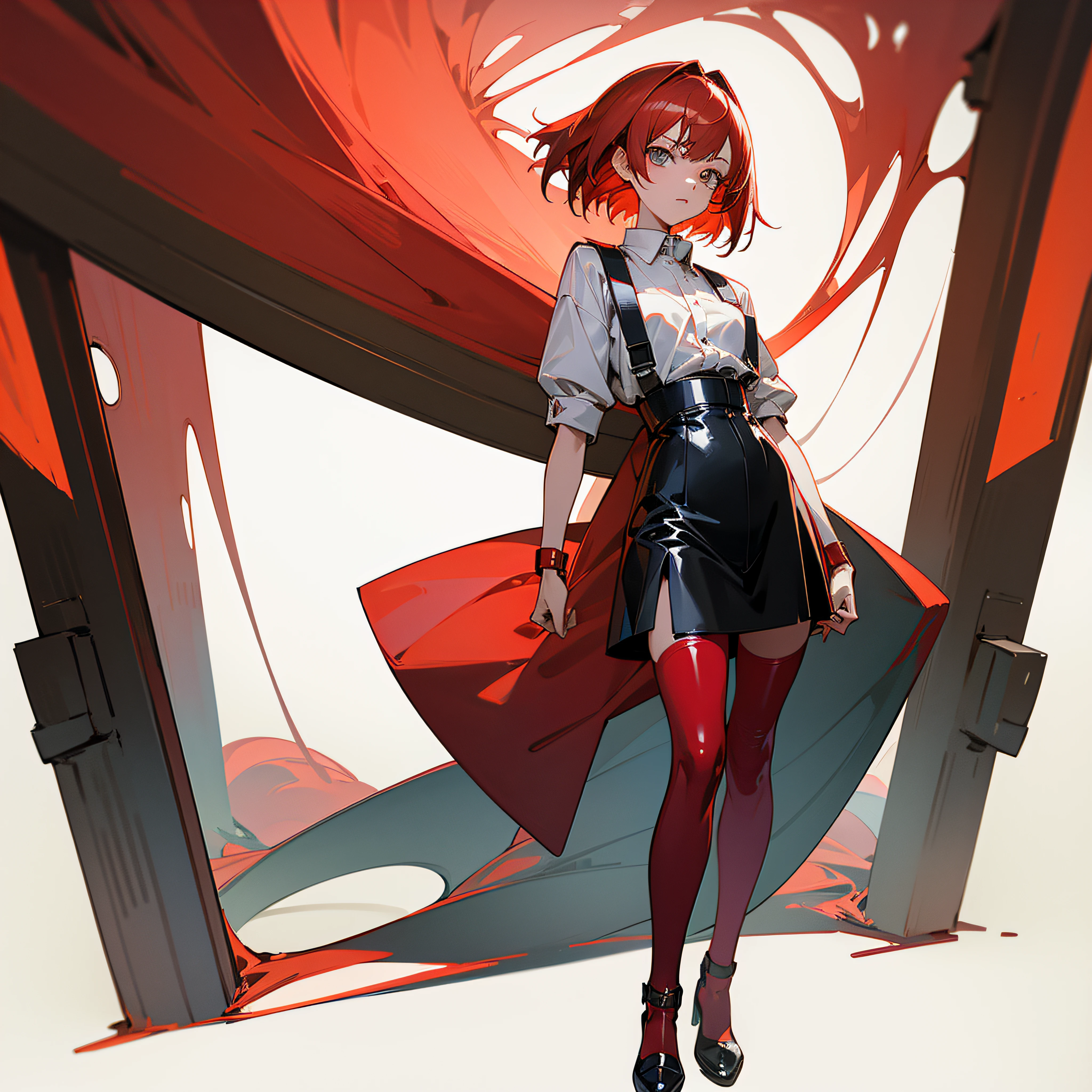 2D, masutepiece, Best Quality, Anime, Highly detailed face, Highly detailed eyes, Highly detailed background, Perfect Lighting, 1girl in, Solo, Full body, Standing, latex legwear, White shirt, Red hair, Muska --auto