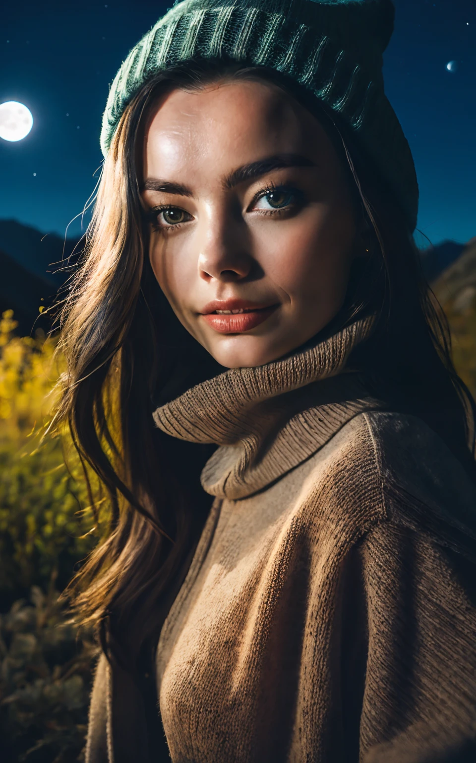 Margot Robbie, photorealistic, best quality, hyper detailed, beautiful woman, selfie photo, upper body, solo, wearing pullover, outdoors, (night), mountains, real life nature, stars, moon, (cheerful, happy), sleeping bag, gloves, sweater, beanie, flashlight, forest, rocks, river, wood, smoke, fog, clear sky, analog style, looking at viewer, skin texture, film grain, close up, ultra high res, best shadow, RAW, instagram LUT