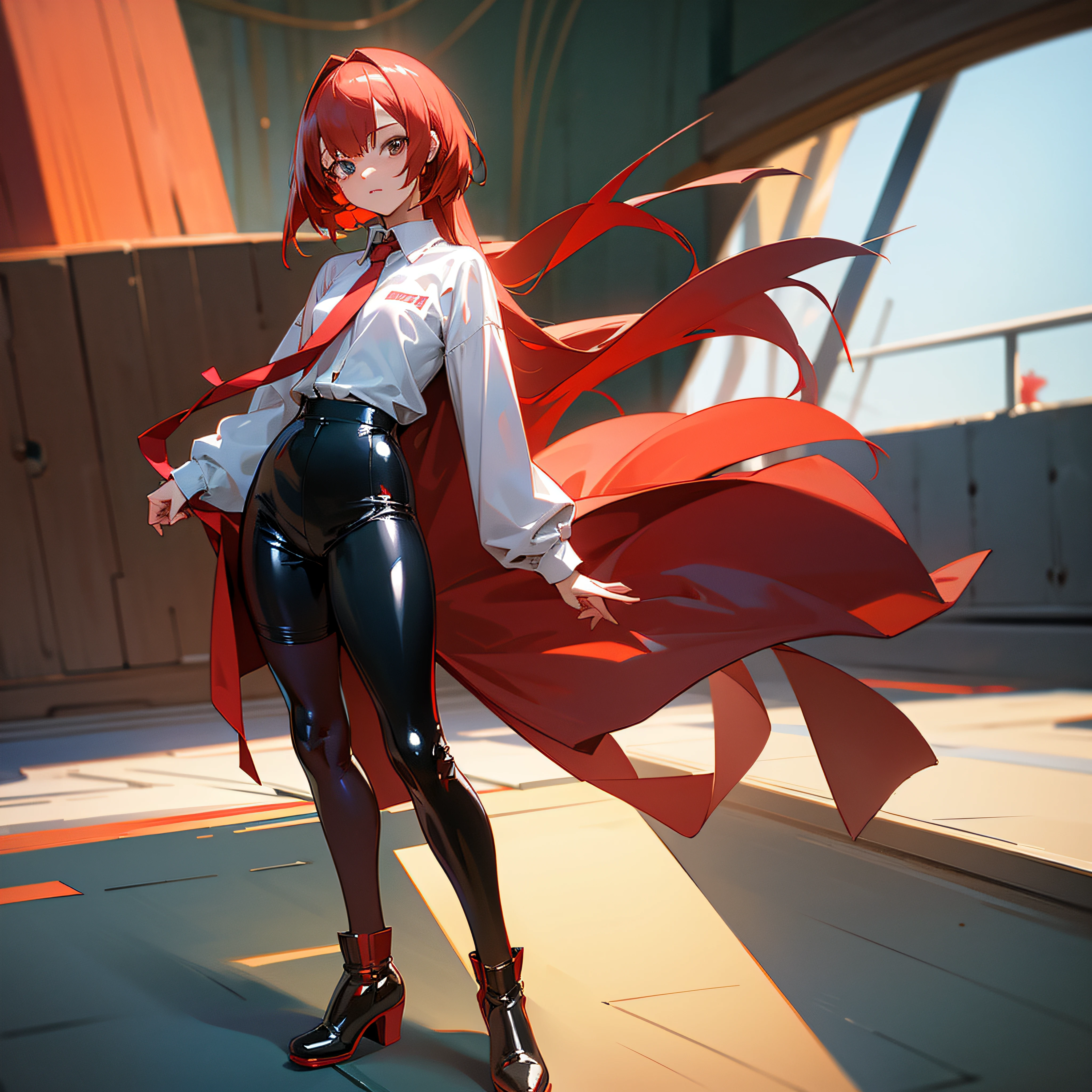 2D, masutepiece, Best Quality, Anime, Highly detailed face, Highly detailed eyes, Highly detailed background, Perfect Lighting, 1girl in, Solo, Full body, Standing, latex legwear, White shirt, Red hair, Muska --auto