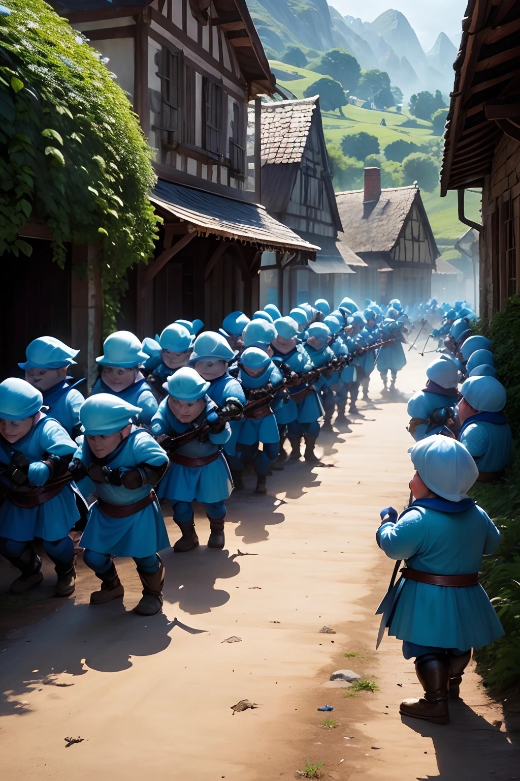 A village of smurfs being attacked by Rottweilers in shining armor