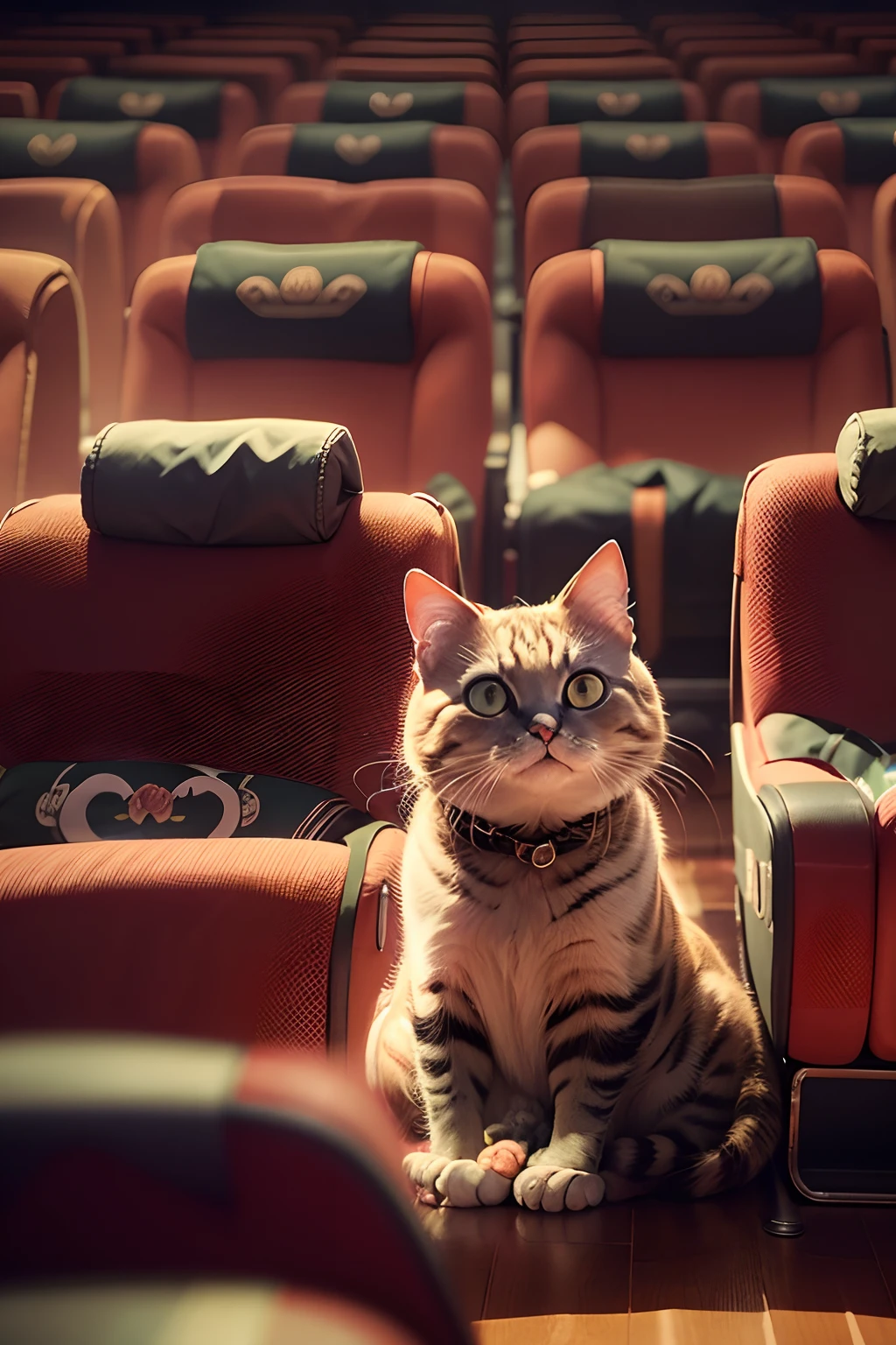 In the cinema,A round-eyed meow cat sitting in a chair watching a movie..