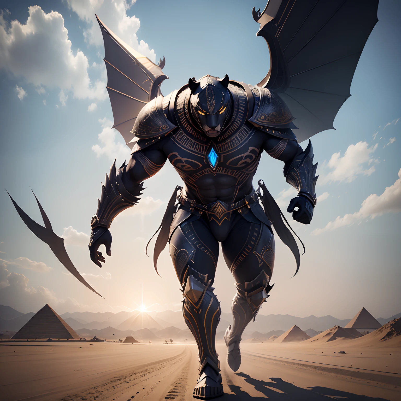 The panther warrior has wings in realistic 4K full-body armor.,Pyramids,Super Detailed, Vray Display, Unrealistic engine, Midjourney Art Style.