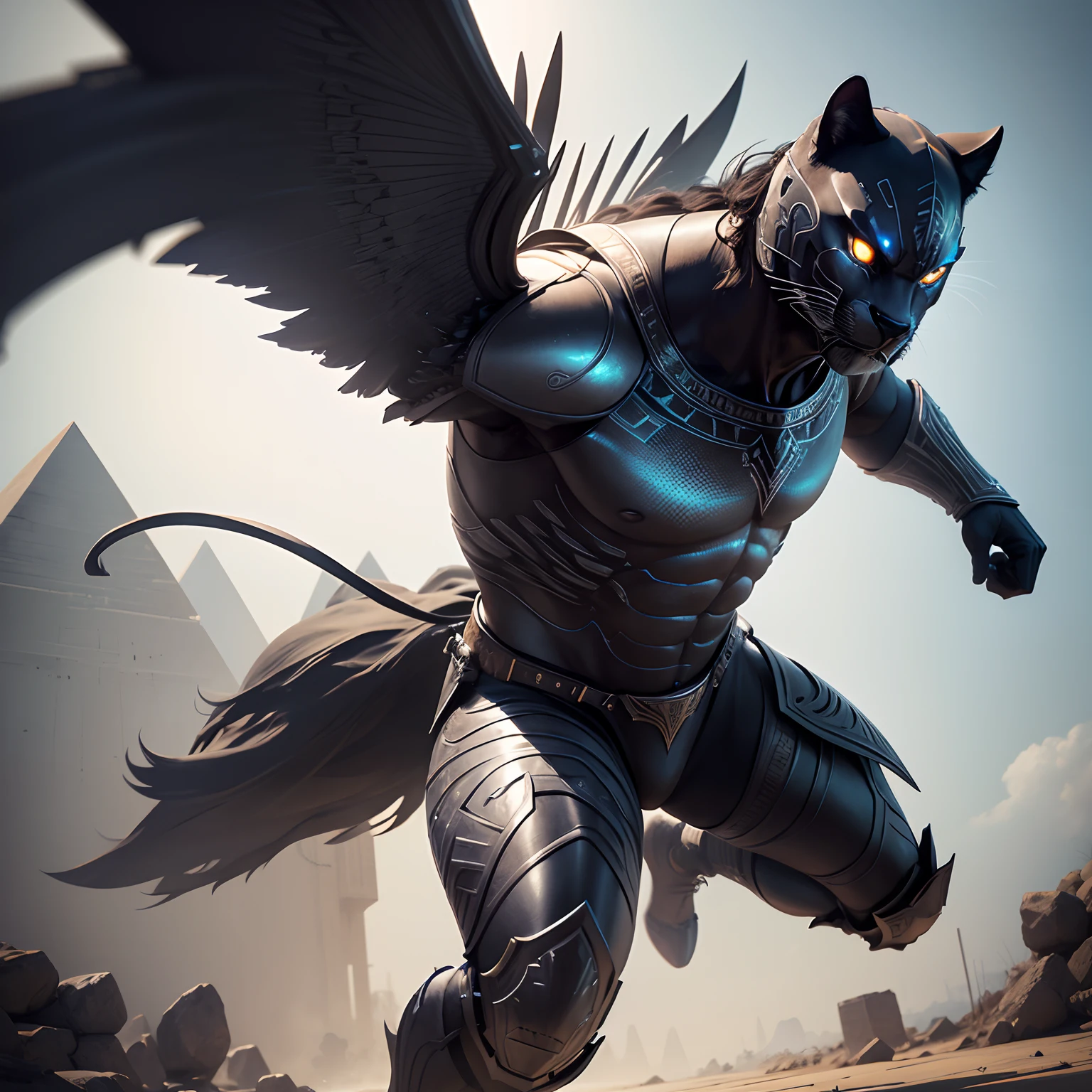 The panther warrior has wings in realistic 4K full-body armor.,Pyramids,Super Detailed, Vray Display, Unrealistic engine, Midjourney Art Style.