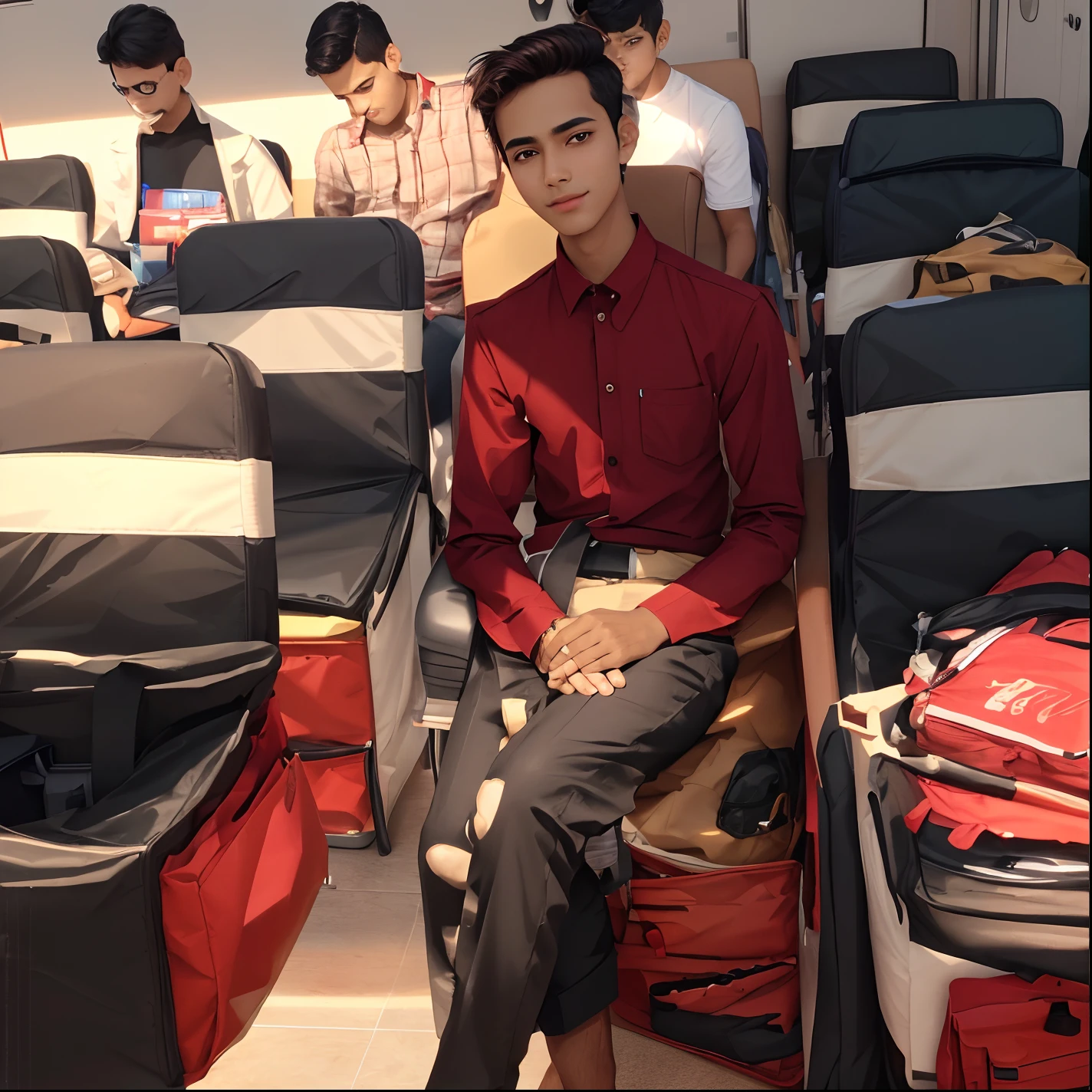 (Masterpiece ulta Hd) 1boy, wearing informal dress, 1boy, Handsome face, Indian boy, near carry bag, 8k ulta realistic, inside Hall ground