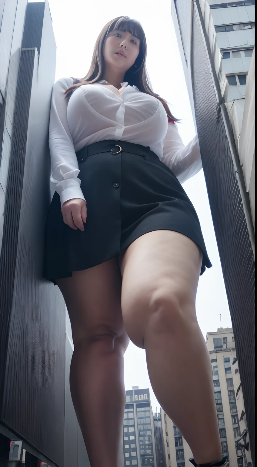 der riese、Giant、Woman taller than the building、Realistic、Writing,white shirt、Collared shirt、wearing a shirts、White cutter shirt、Shirt buttons are snapped、a black skirt、Office Suits、professional photograpy、Does not expose the skin, Japanese Models,、,The skin is not exposed、fleshy body, large boob、 You can see the bulge of the nipple through the shirt、big butts、Big belly、thick thight、thick arms、Round face、Fat face、chubby cheeks、Sauce order、big eye、A dark-haired、short-haired、Looking Up、tokyo prefecture、