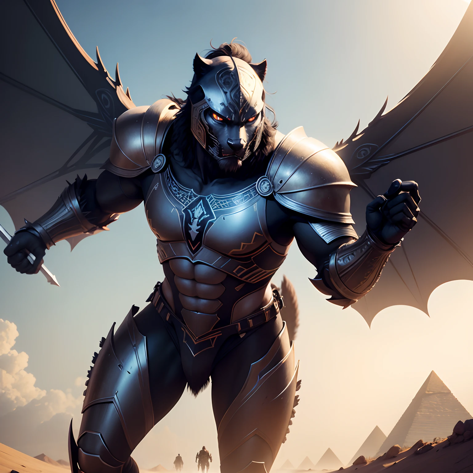 The panther warrior has wings in realistic 4K full-body armor.,Pyramids,Super Detailed, Vray Display, Unrealistic engine, Midjourney Art Style.