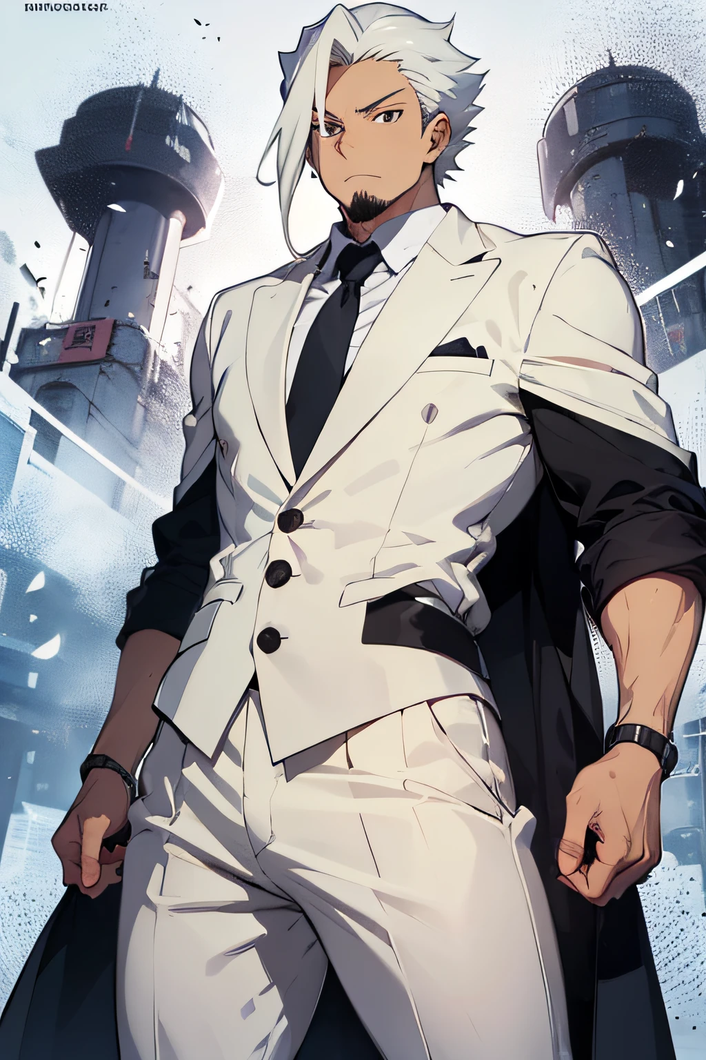 homem Cabelos negros, Half long down to the shoulders, com um rabo de cavalo, Olhos azuis, Altura de 1,83m, Swimmer's physique, with well defined muscles, Terno formal branco, covering from the neck to above the feet, Gravata preta, Cinto discreto, Not visible under the long suit, Sapato formal branco, Polished and flawless, A Quincy lanyard in the shape of a replica mini revolver on his right arm, Esnobe e arrogante, Exudes confidence and superiority.(anime bleach)