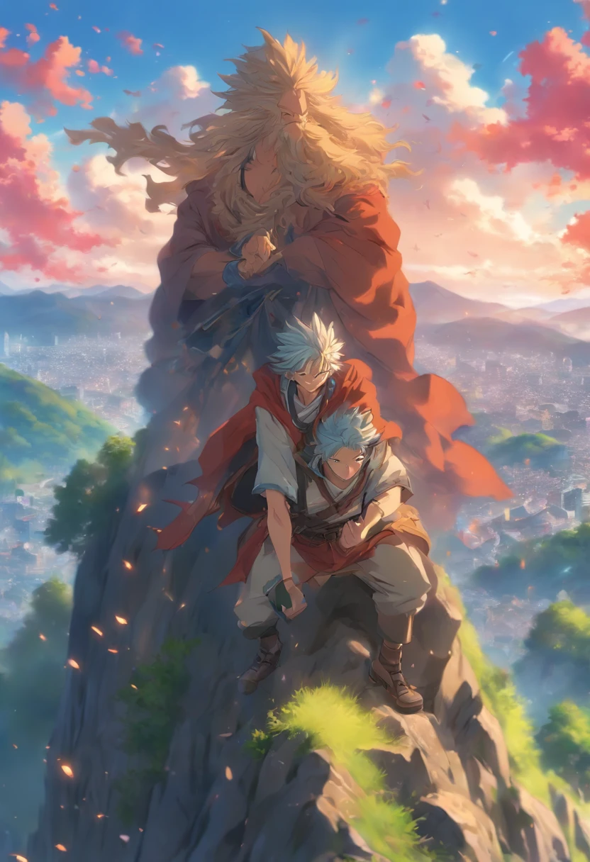 Absurd resolution, high resolution, (Masterpiece: 1.4), Super detailed, (((Detailed face, Detailed expression)), Two elderly people climb the mountain together,The background is on the hill,