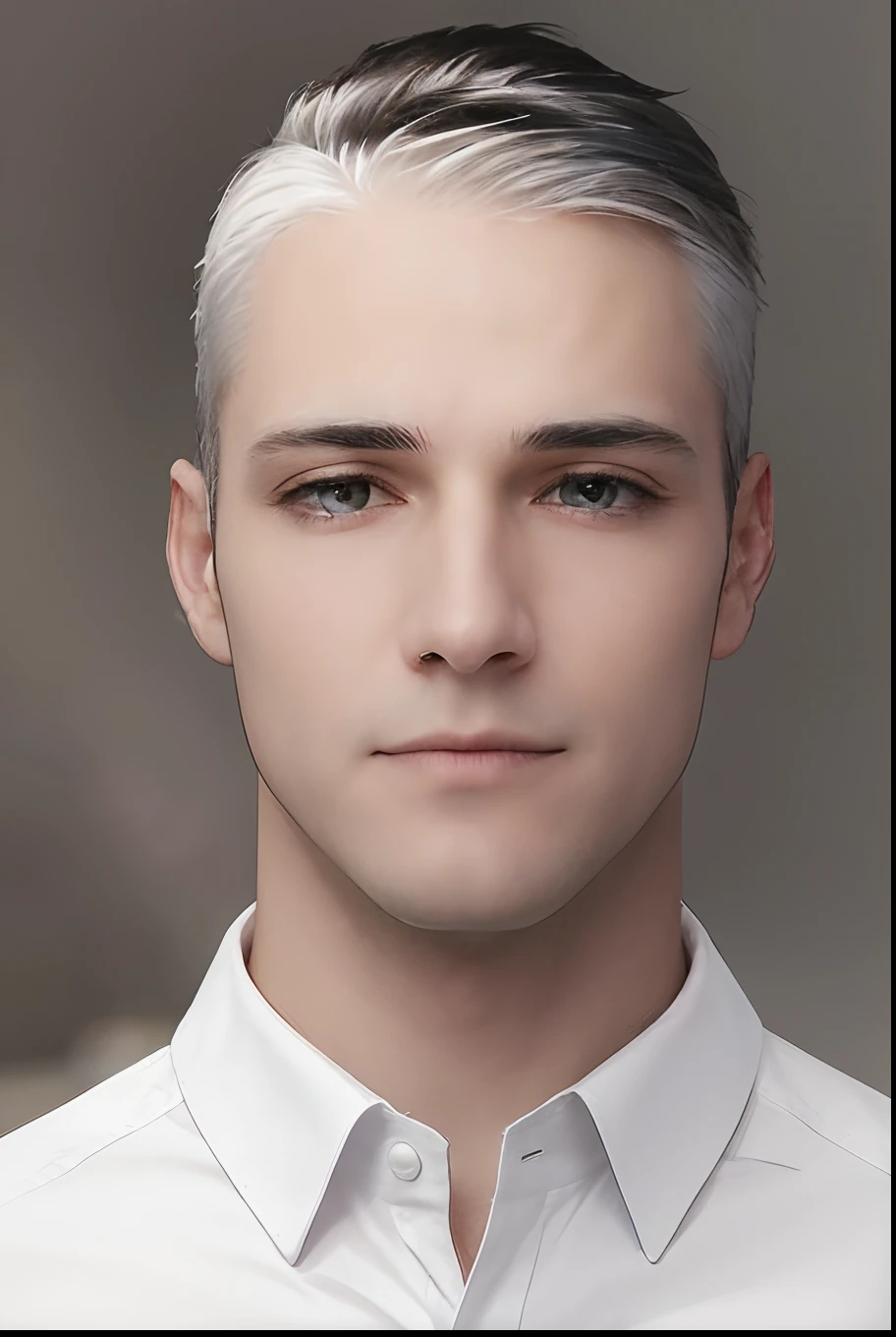 Close-up of a man in a white shirt, he has dark grey hairs, He has a piercing look, Detailed Soft Face