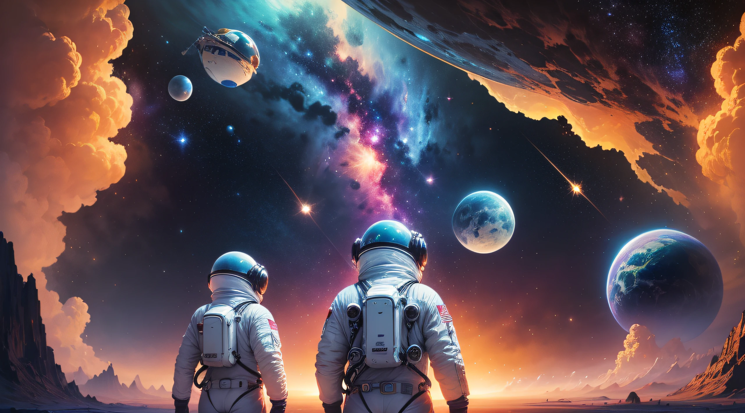 Space scene with close-up of astronauts on planet, space, cosmic space, Space travelling, Space travelling, cosmic space, outerspace, psychedelic illustrations, space colors, cosmic and colorful, sci-fi illustrations, sci-fi illustrations, Surreal space, standing in outer space, Unknown space, Psychedelic atmosphere, view of the cosmos, dmt space behind