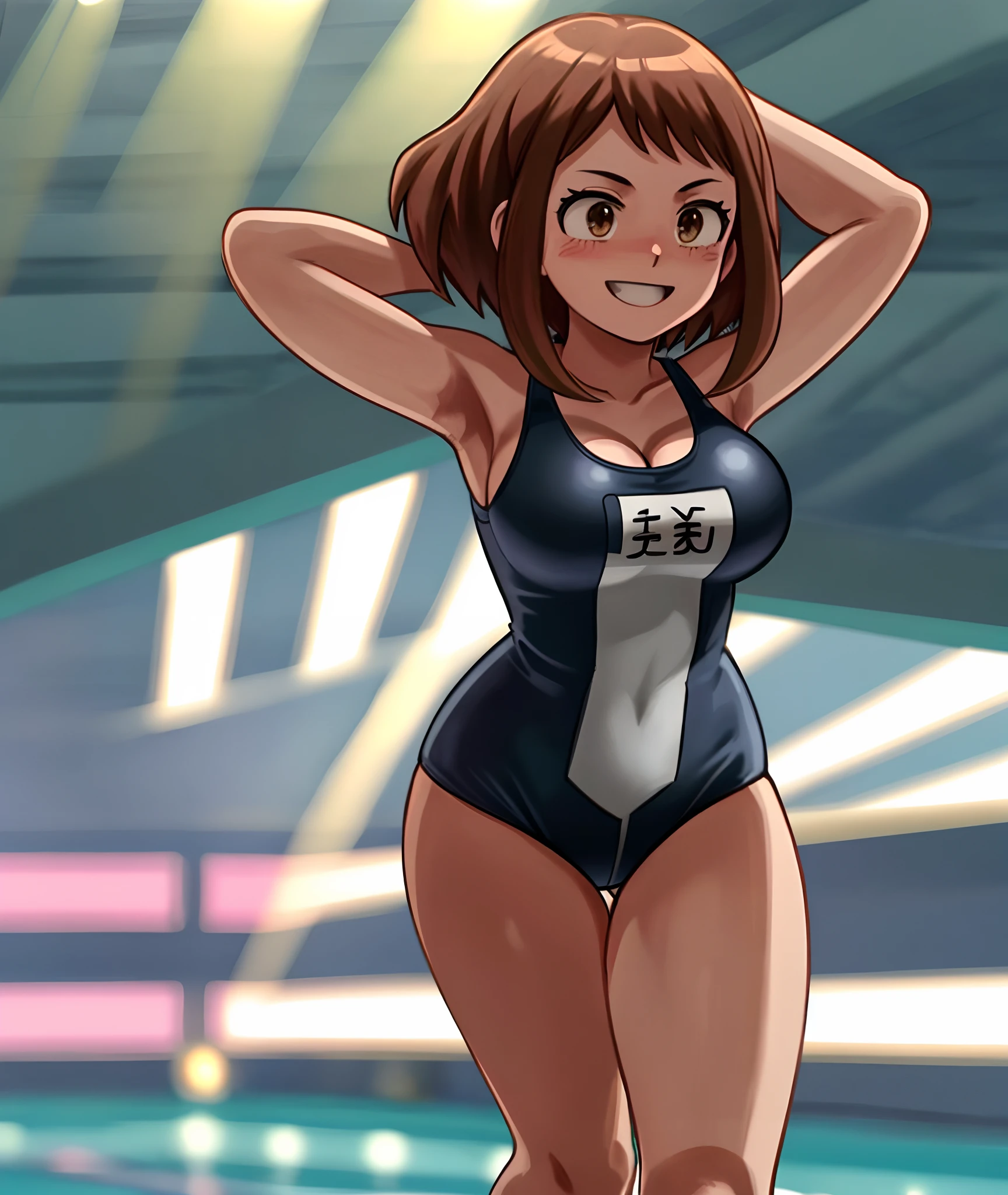 [ochako uraraka], [Boku no hero academia], ((masterpiece)), ((HD)), ((high quality)), ((solo portrait)), ((back view)), ((full body)), ((anime)), ((Kohei Horikoshi)), ((detailed shading)), ((cel shading)), ((intricate details)), ((cinematic lighting)), {ochako, (rosy cheeks), big round brown eyes, short brown hair, short eyelashes, large boobs, (gorgeous hips), (beautiful legs), (beautiful feet), (blushing), (excited smile), (white teeth)}, {(black one-piece swimsuit pink lines), (cleavage)}, {(walking), (arms above head), (looking back), (looking left)}, [Background; (pool), (beach party), (blue sky), (sun rays)]