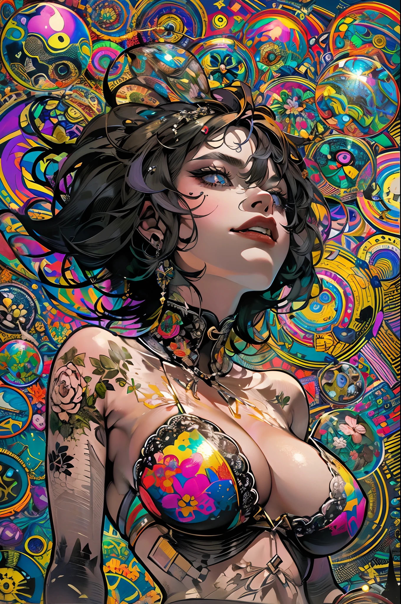 Samdoesarts drunken beautiful woman like sandman delirium，（Hallucinatory colored soap bubbles），Jeremiman，Sandra Chevriye，Dave McKean and Richard Aviden and Marci Je Cuciara，Punk rock，Tank girl，high detal，8k,((Huge breasts :1.5)）