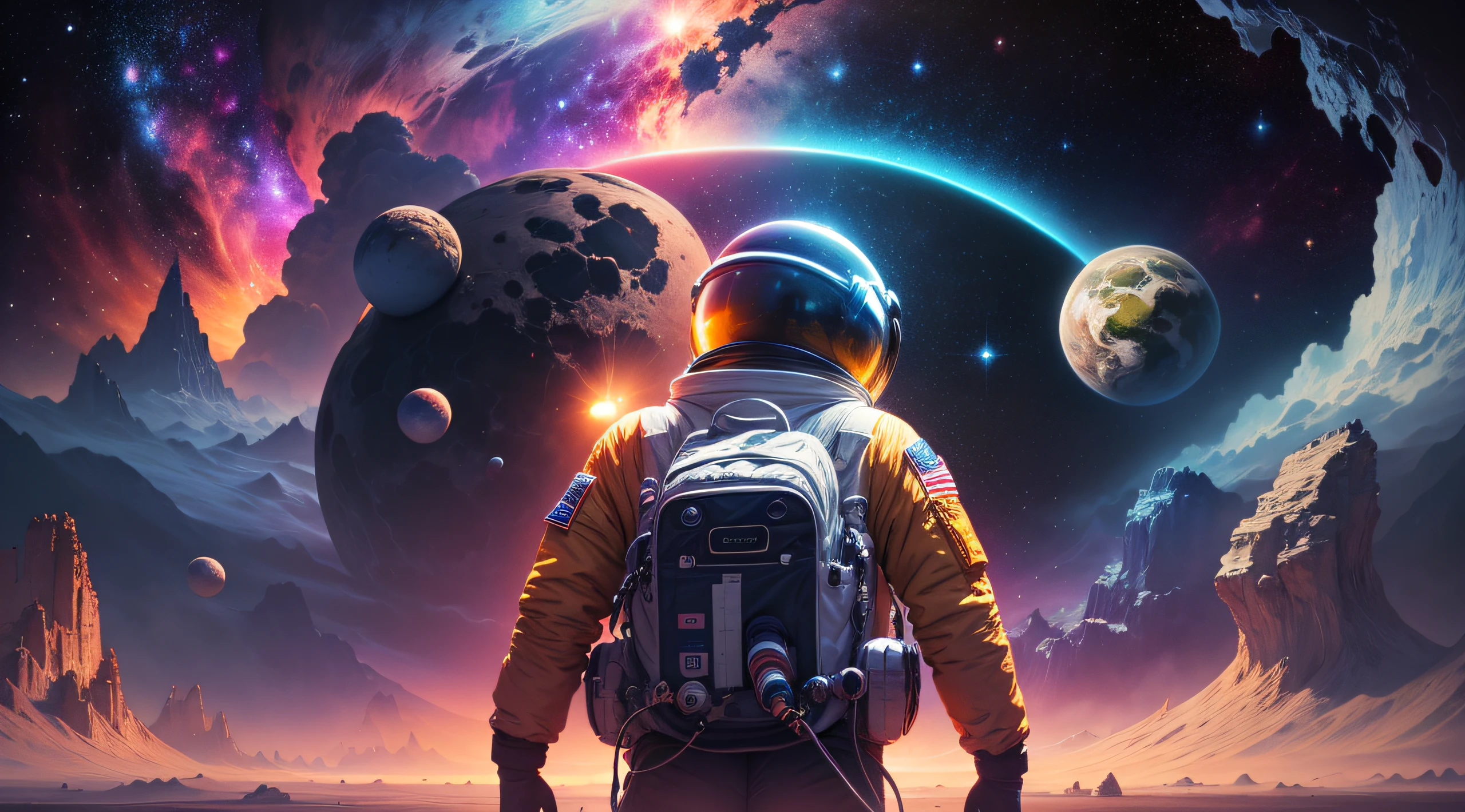 Space scene with close-up of astronauts on planet, space, cosmic space, Space travelling, Space travelling, cosmic space, outerspace, psychedelic illustrations, space colors, cosmic and colorful, sci-fi illustrations, sci-fi illustrations, Surreal space, standing in outer space, Unknown space, Psychedelic atmosphere, view of the cosmos, dmt space behind