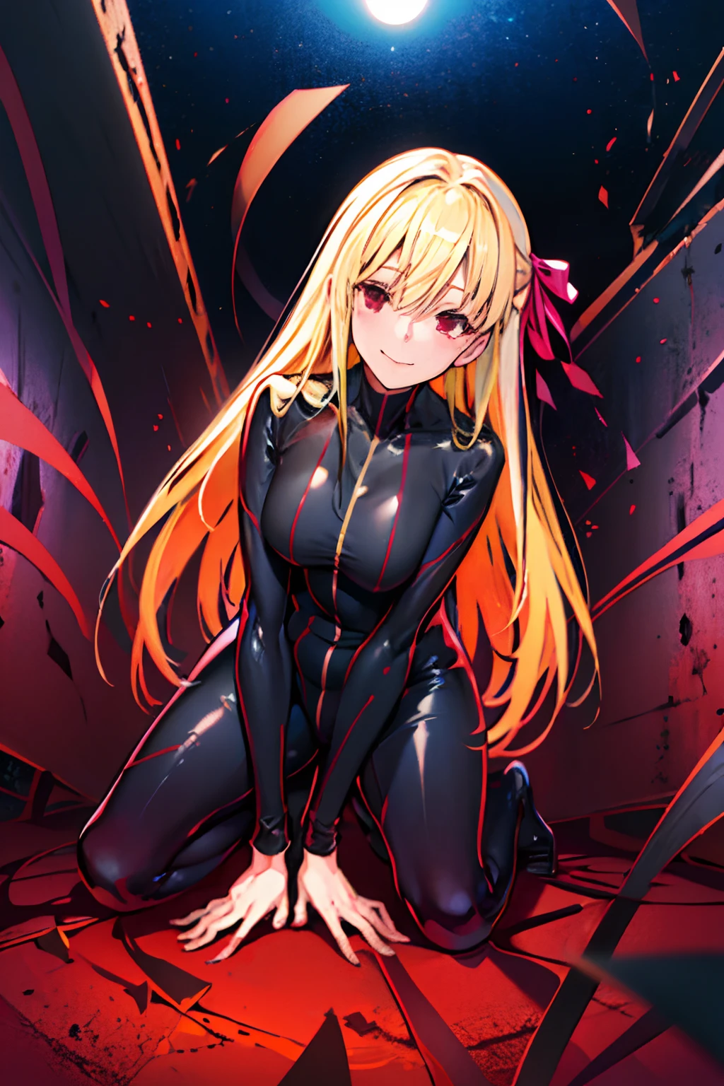 Anime style face　a blond　Black full body suit　Red lines all over the body　huge tit　Big ass　Whip thighs　seductiv　a smile　succubus