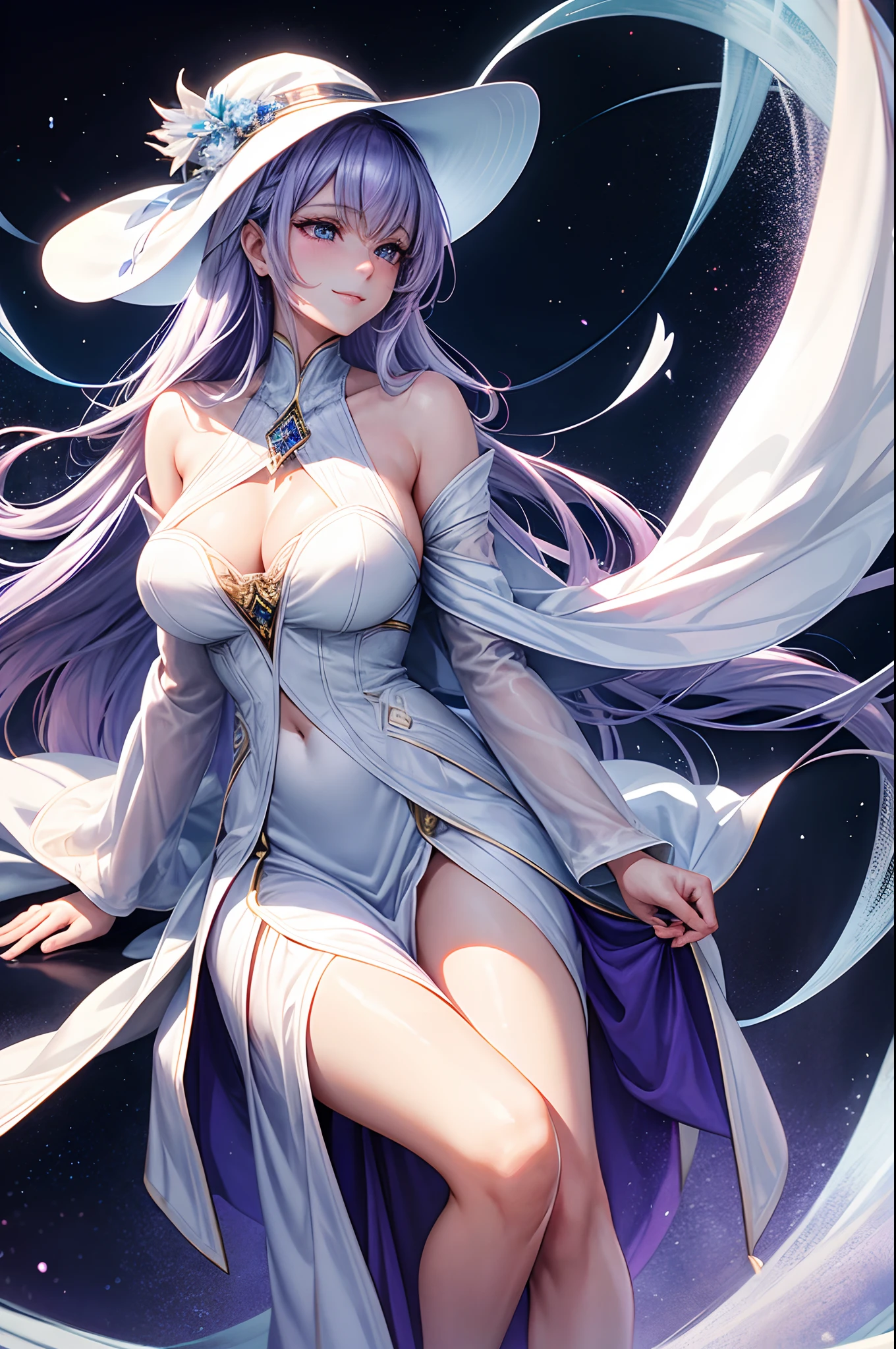 Solo. 1-woman. A beautiful mature woman with long hair, her hair color is lavender or light purple while her eye color is light blue. Her chest was large and a mature woman's aura radiated from her. She was a white magician. She wore an elegant white magician's uniform and there was a magician's cloak as well. She wore a white witch hat as well. She also wears various beautiful accessories on her body. She has a gentle nature. Her smile is gentle. There is a holy aura about her.