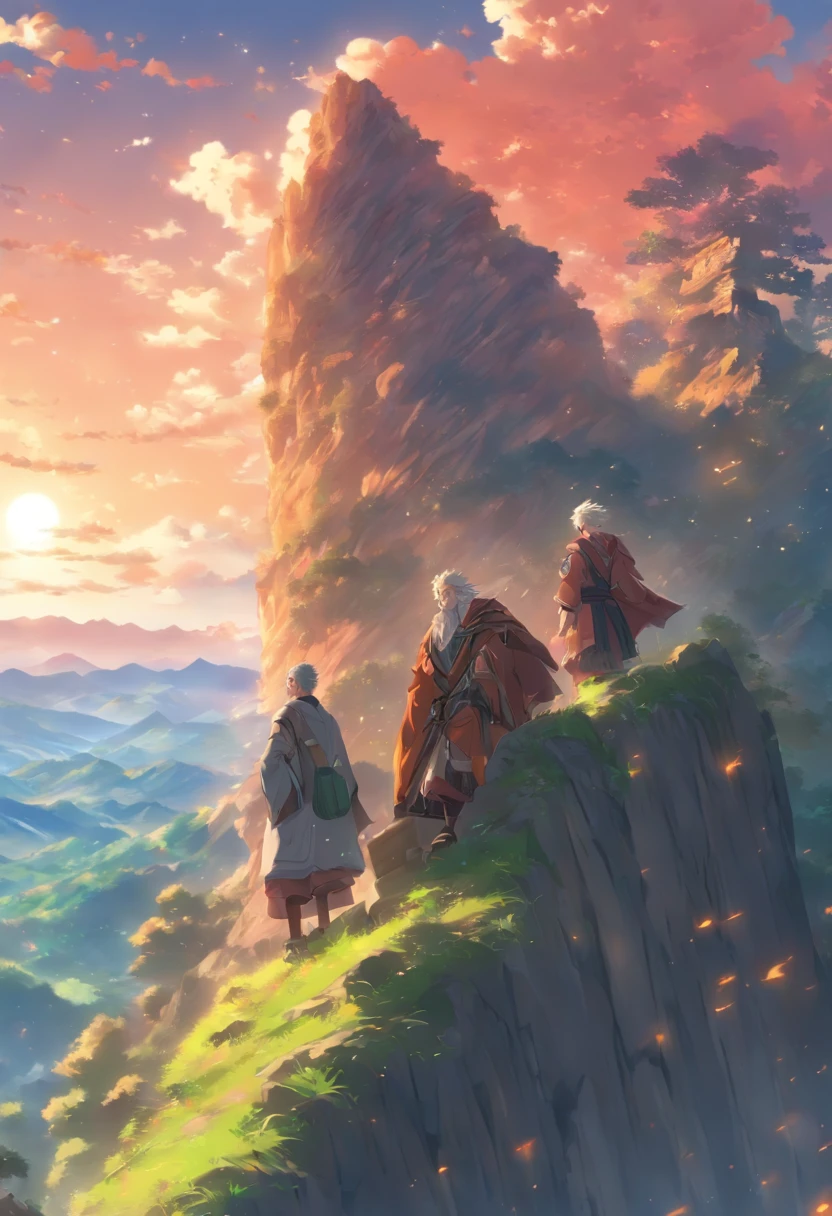 Absurd resolution, high resolution, (Masterpiece: 1.4), Super detailed, (((Detailed face, Detailed expression)), Two old men climb the mountain together,The background is on the hill,