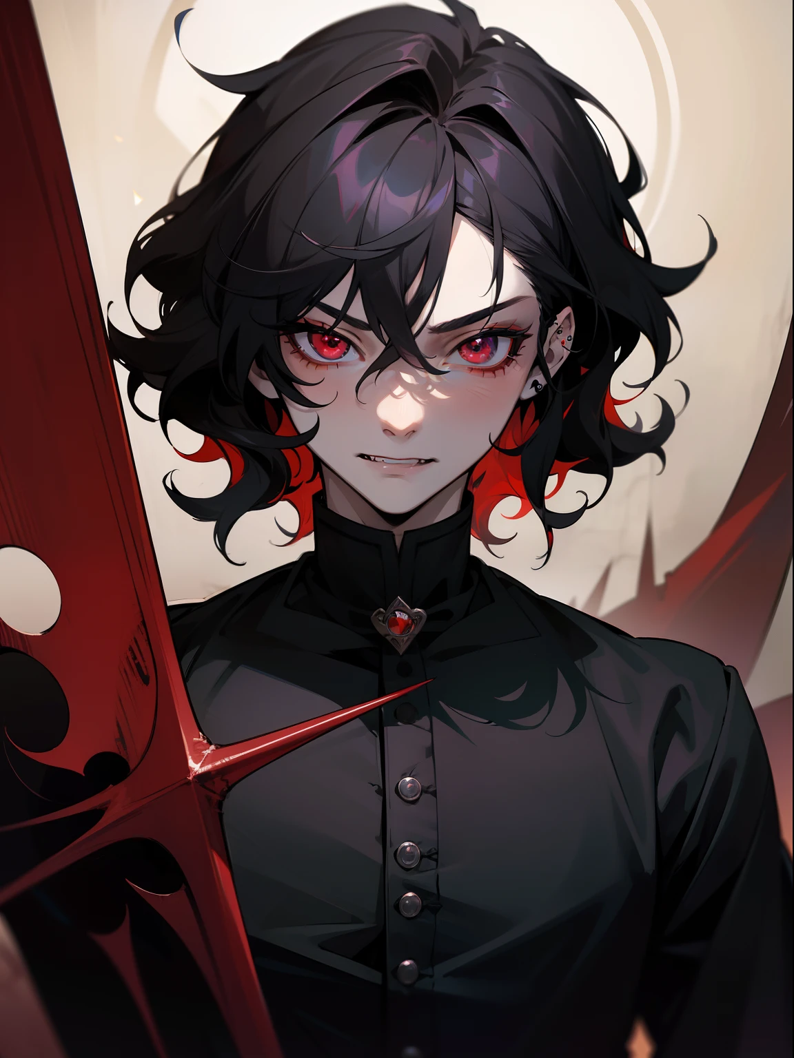 (masterpiece, best quality), intricate details, 8k, sharp focus, (best quality) (detailed skin:1.3) (intricate details) (8k) (detailed eyes) (anime) male character, wavy hair, mullet, short hair, black hair, red eyes, male, anime male, frontage, lovely boy, perfect face, detailed eyes, bold background, detailed accessories, unique outfit, sharp eyes, male, young man, idol, dark colours, piercings, pale skin, vampire, fangs, defined features, model, Rei Sakuma, Sakuma Rei, gothic, artistic, symbolism, sexy, falling stars, dark clothes, dark room, muscular, cluttered room, indoors, detailed background, bold colours, bold outlines, sharp face, nighttime, night, pose, modelling