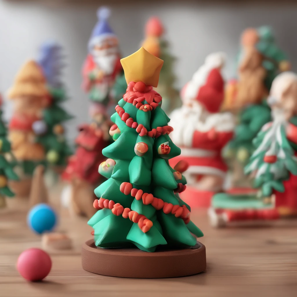 Christmas pines， Clay material, Cartoon design style, pop mart, Soft lighting, Smooth lines, tilt shift lens, Detailed science fiction illustration, Hyper-realistic details, warm color