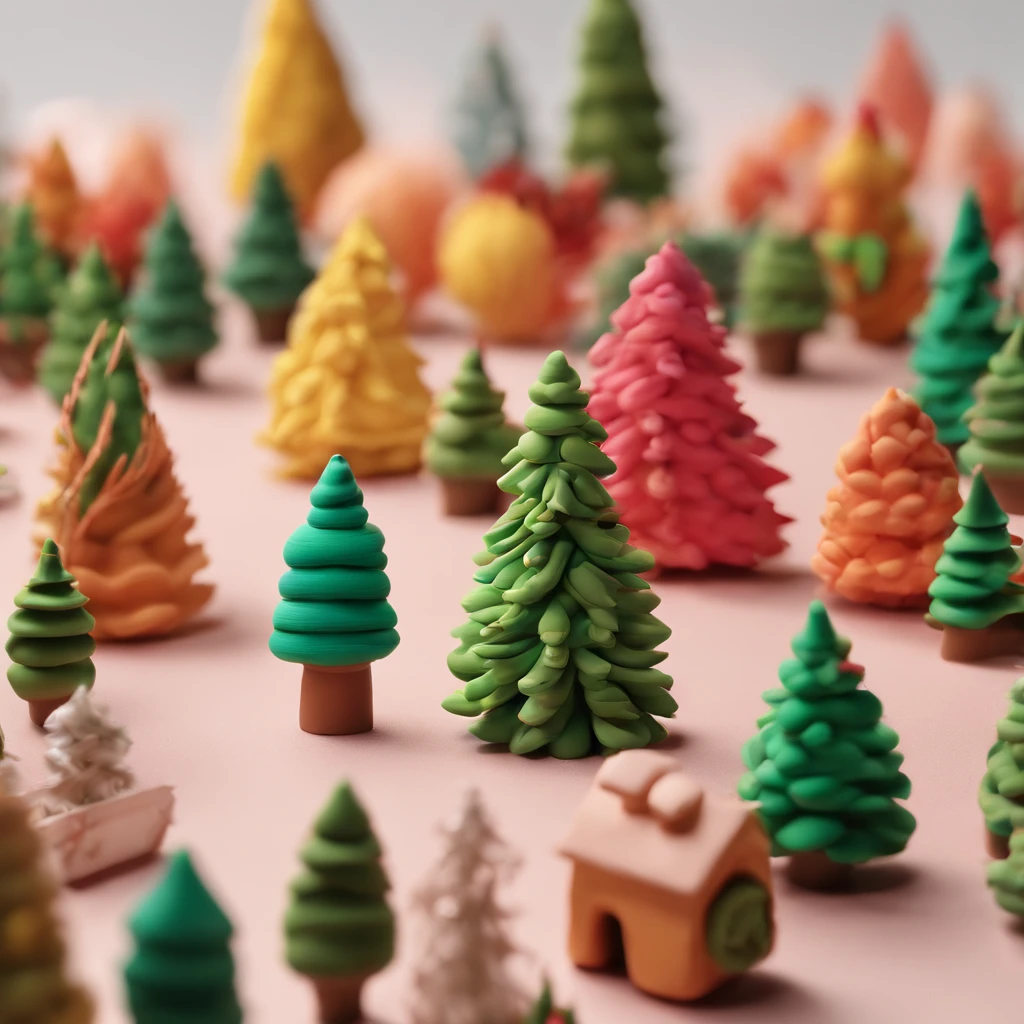Christmas pines, Clay material, Cartoon design style, pop mart, Soft lighting, Smooth lines, tilt shift lens, Detailed science fiction illustration, Hyper-realistic details, warm color