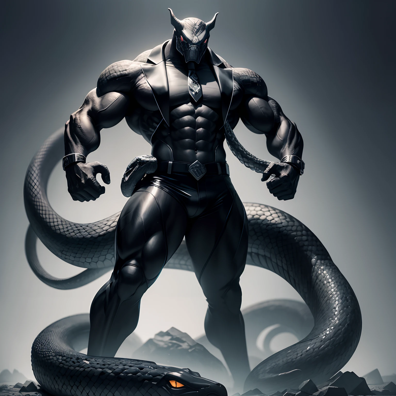 Humanoid snake muscled , with a snake's head black with a tail with 2 huge arms , in suit with a tie , full body