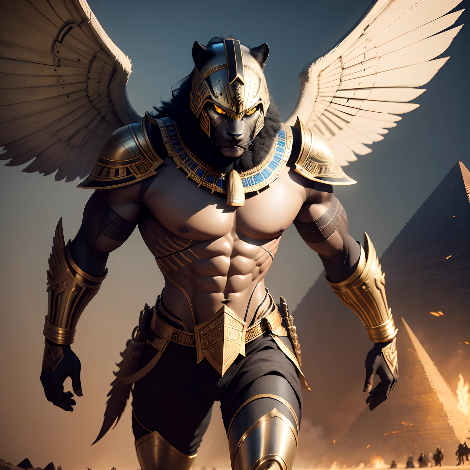 The panther warrior has Egyptian wings in full body armor. Realistic 4K,Pyramids,Super Detailed, Vray Display, Unrealistic engine, Midjourney Art Style.