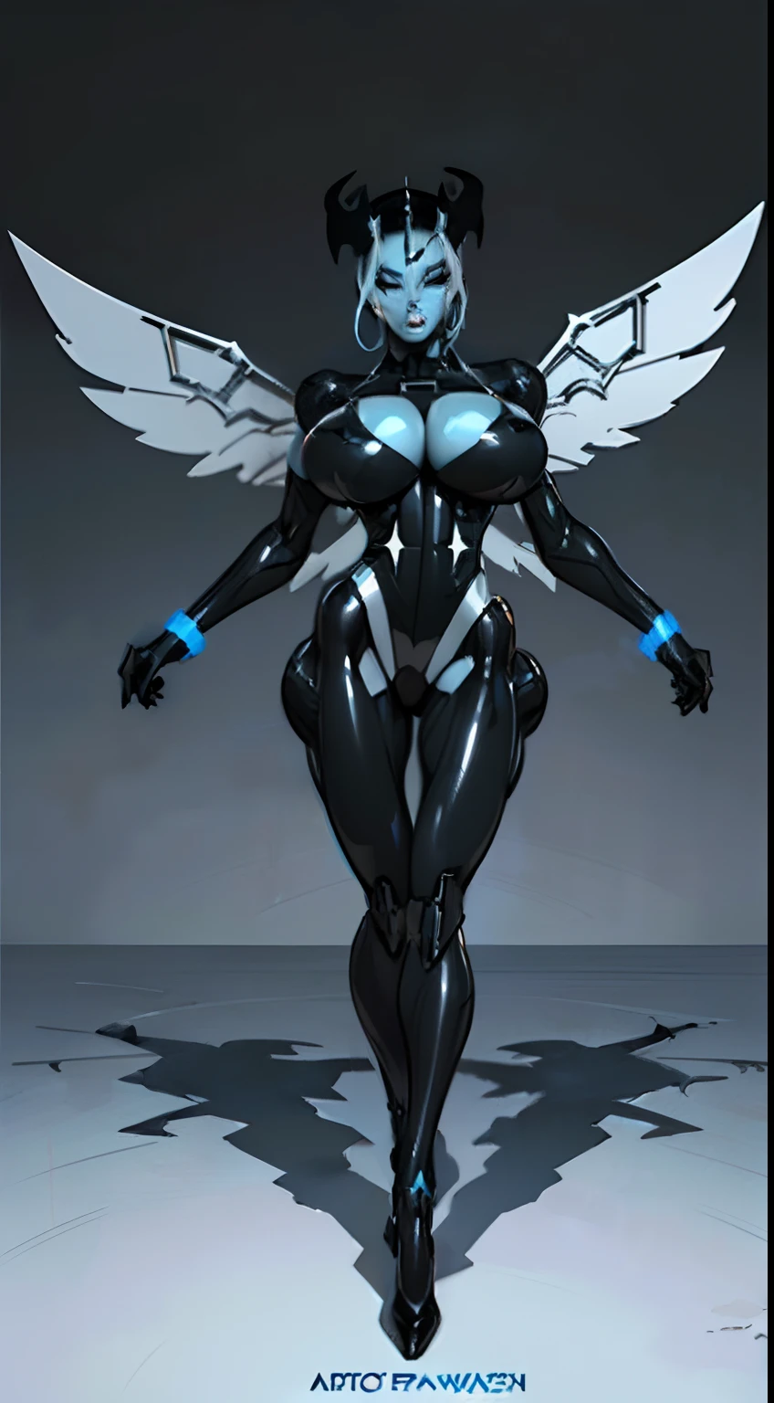 8k ((full body view:1.5)) ((seductive eyes:1.3)), defined cheekbones, 1woman, ((pointed up horns:1.7)), ((the pit style:1.4))((defined jawline:1.2)) ((sleek chrome bodysuit:1.6)) (detailed face:1.5), blue skin,(puffy lips:1.5) (blue skin:1.6), beautiful face, (bald woman:1.7), (skinhead) ((stands confident)),(Muscular:1.3), ((gigantic breasts:1.8)) ((front view:0.6)), )highly detailed, majestic, digital photography, art by artgerm and ruan jia and greg rutkowski, ((metal wings on back:1.4)), (masterpiece, sidelighting, intricate details, (((black color palette)))