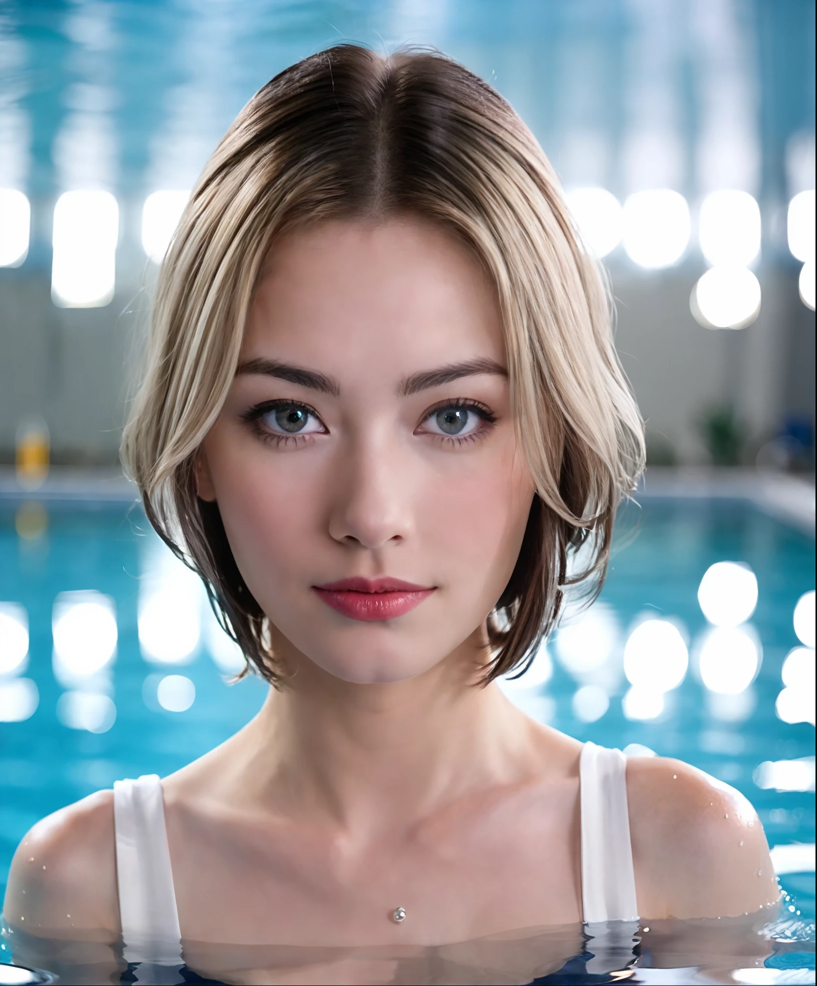 Photo of yvonne strahovski in a semi transparent white Roman toga for women, solo, blue eyes, reverse bob haircut, big breasts, facing camera, in swimming pool, WET, photograph, photoshoot, Captured by Panavision Panaflex Platinum Camera with Panavision Primo Primes Spherical Lens 75mm T1.9