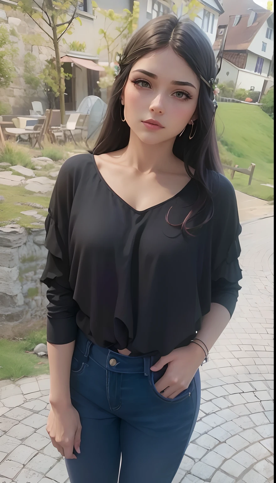 (1 Korean star with royal sister style), ((best quality, 8k, masterpiece: 1.3)), (slender body: 1.3), focus: 1.2, perfect body beauty: 1.4, (smile), (street: 1.3), highly detailed face and skin texture, fine eyes, double eyelids, whitened skin, (black straight face: 1.3), (round face: 1.5), (big red skirt: 1.4),