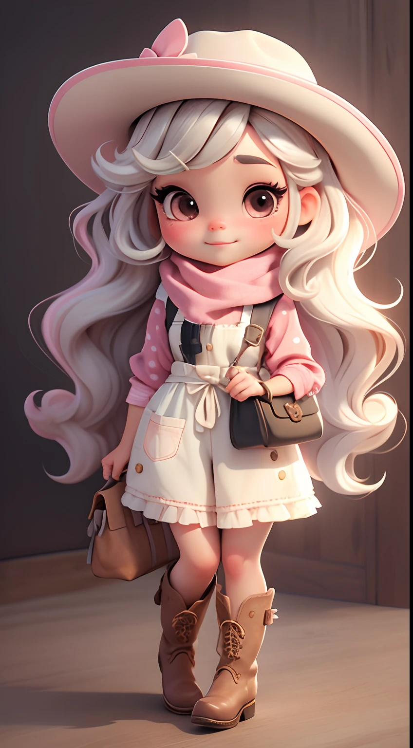 Create cute ??? style chibi doll outfits with cute cowgirl themes., Each piece has a lot of detail and 8K resolution.. All dolls should follow the same and complete stable background pattern in the picture., Show (full entire body, Including legs: 1.5)
Cowgirl doll: Call her Mia.. She must have moderately wavy hair.. Your eyes should be big and curious., It has long eyelashes and slightly pink cheeks.. Mia should wear a sensitive jumpsuit., Cowboy boots and polka dot shirts and cute cowboy hats.. She had to carry farm jewelry.. Add details like bags and scarves to the apron to make it more glamorous., Cute shoes
Don't forget to add shadows., Texture and detail in hair, clothes, Cute cowboy appliances, To make them more cute and charming..