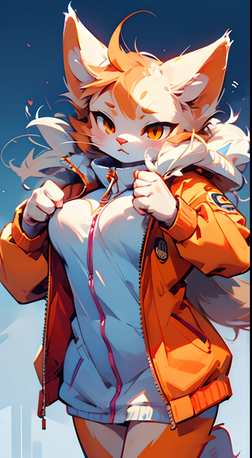 (Masterpiece), Best Quality, expressive eyes, perfect faces, furs, Female Cat Girl, adolescent, B Cup Breasts, Orange Eyes, orange opened jacket, white body, 4 fingers, 4 toes, Solo, Rich fur expression, Fur body, standing up