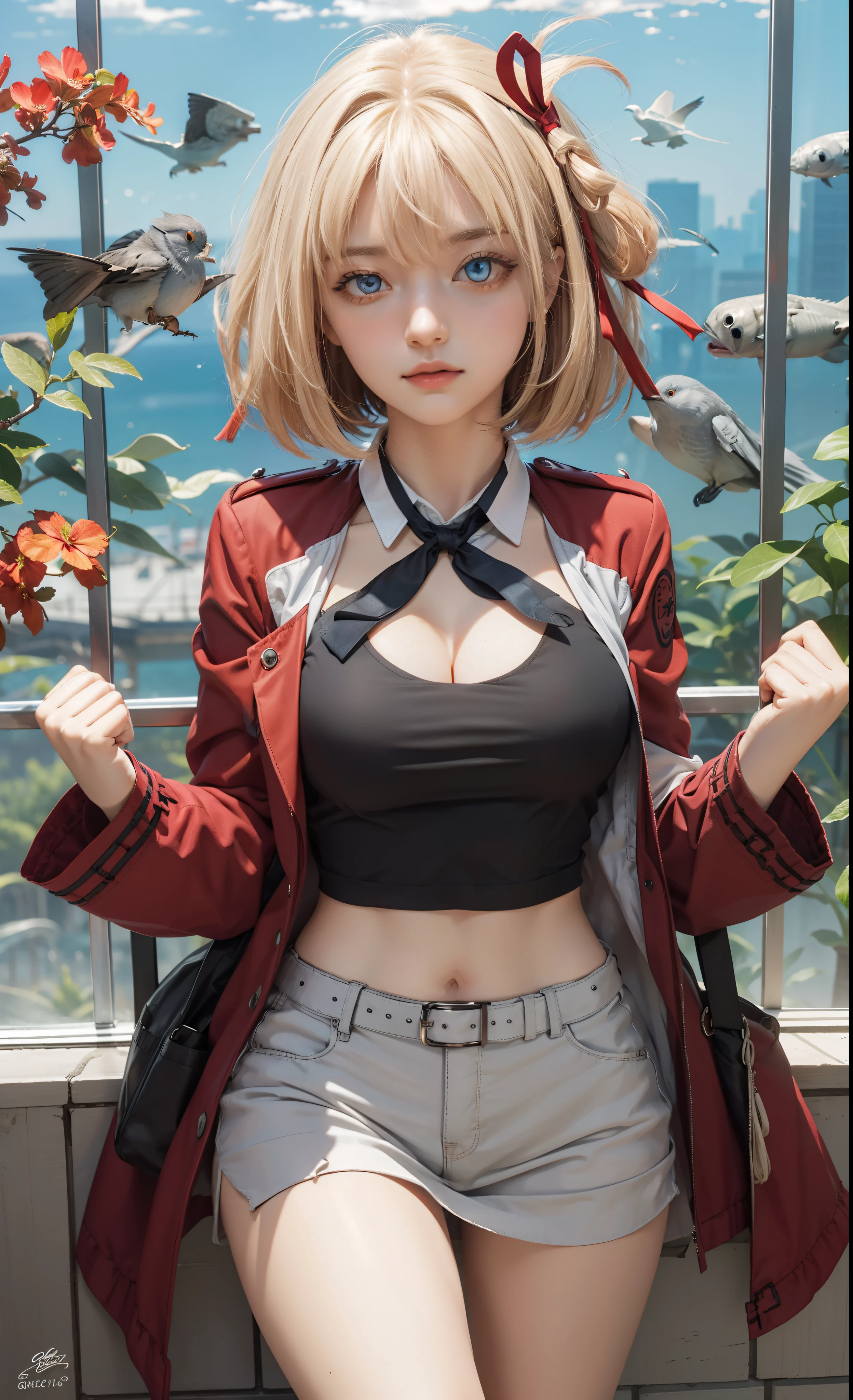 chisatonishikigi, nishikigi chisato, short hair, bangs, blonde hair, (red eyes:1.5), hair ribbon, one side up, bob cut,
BREAK shirt, long sleeves, dress, ribbon, white shirt, collared shirt, belt, neck ribbon, red dress, blue ribbon, pleated dress, grey dress, two-tone dress, red belt, lycoris uniform,,
BREAK outdoors, city,
BREAK looking at viewer, BREAK (masterpiece:1.2), best quality, high resolution, unity 8k wallpaper, (illustration:0.8), (beautiful detailed eyes:1.6), extremely detailed face, perfect lighting, extremely detailed CG, (perfect hands, perfect anatomy),