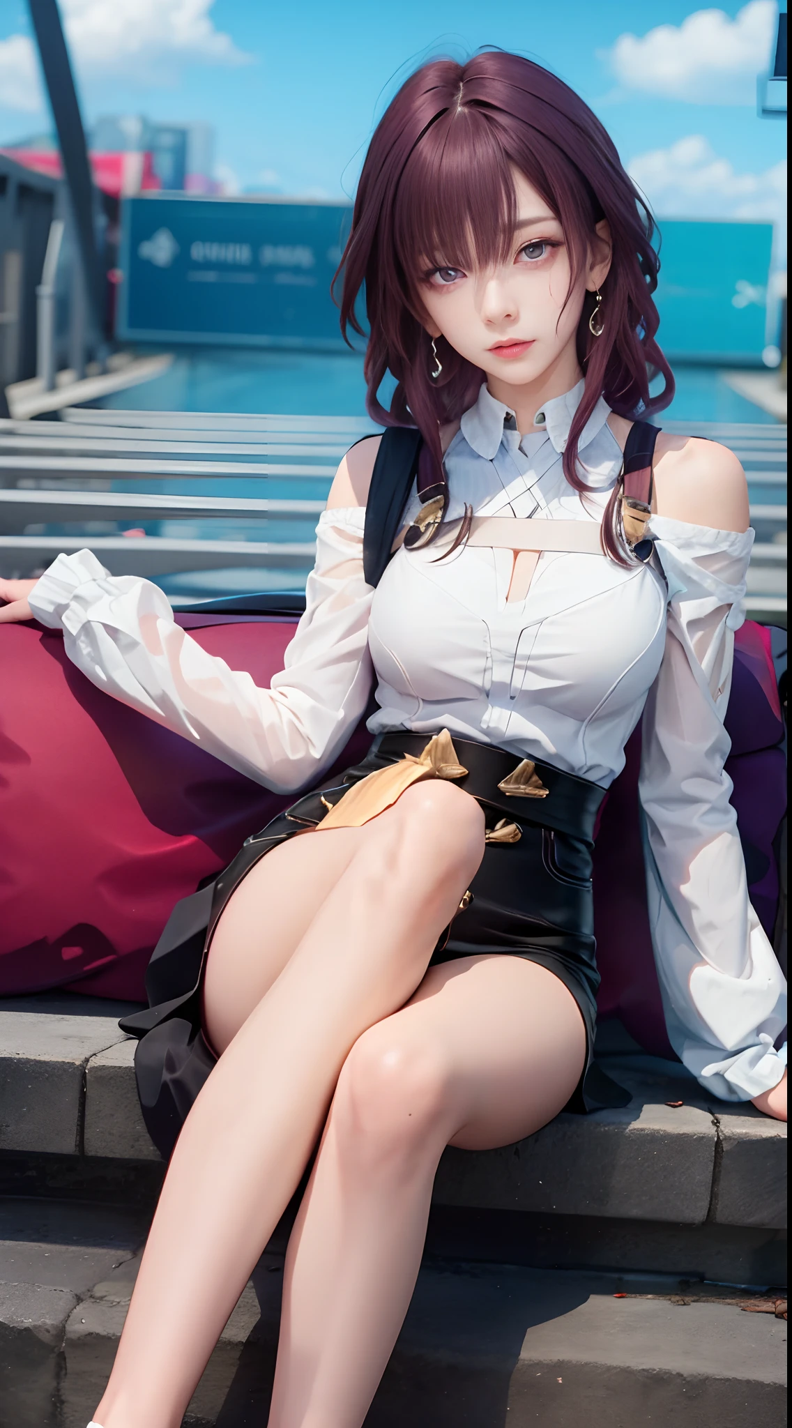 Masterpiece level, highest quality assurance, highlighting the image of 1 girl, official style, fantastic purple eyes and hair, elastic skin, moderate medium shot, looking directly at the audience, clear picture and vignetting effect, detailed and charming eyes (pureerosface_v1:0.5), extremely provocative action, intense star track background, bustling cross-legged, arrogant bangs, horror apocalyptic background, the same color of left and right eyes,