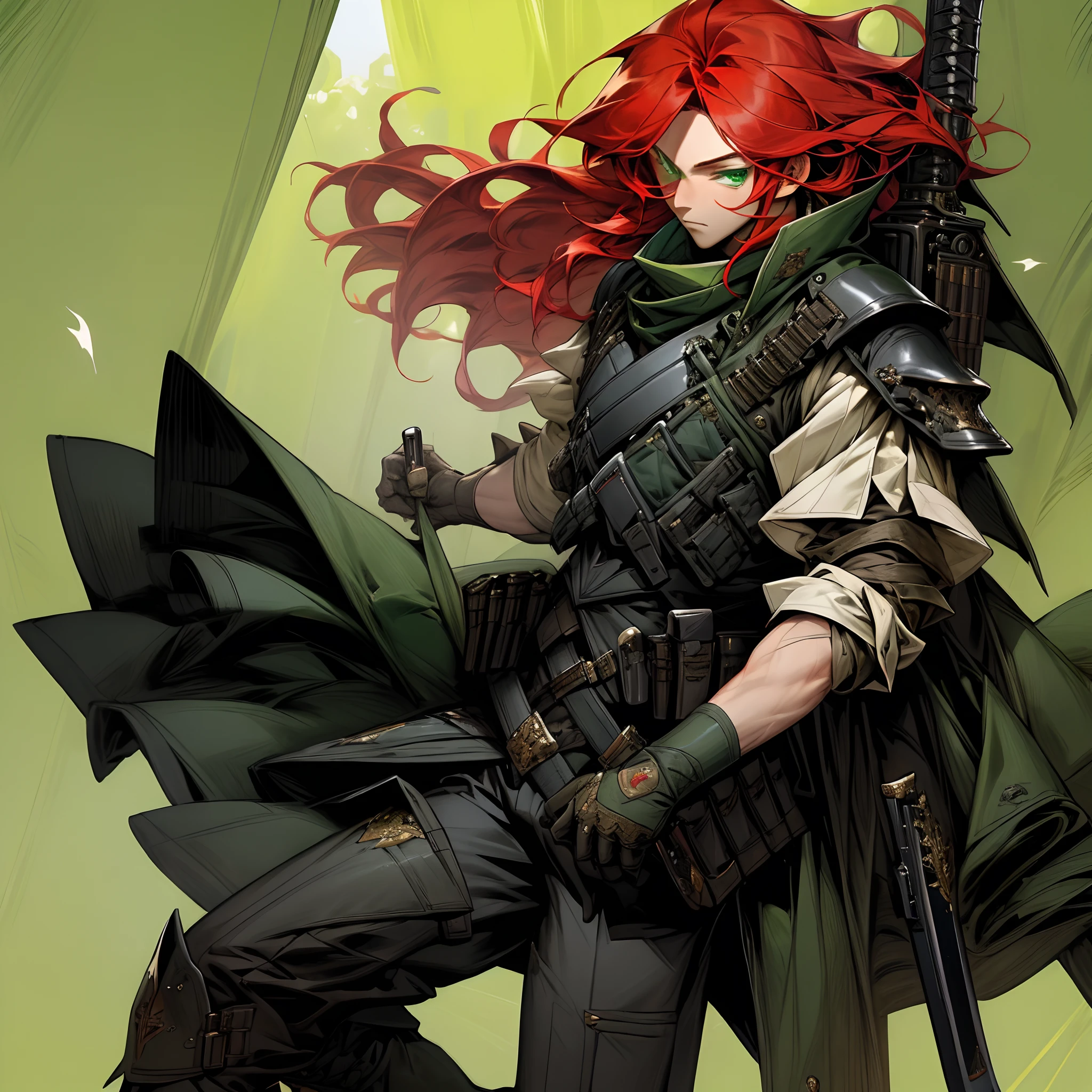 Masterpiece, highly detailed, 1Boy, long red hair, green perfecteyes, black top with rolled up sleeves, tactical pants, black boots, bulletproof vest, holding pistol.