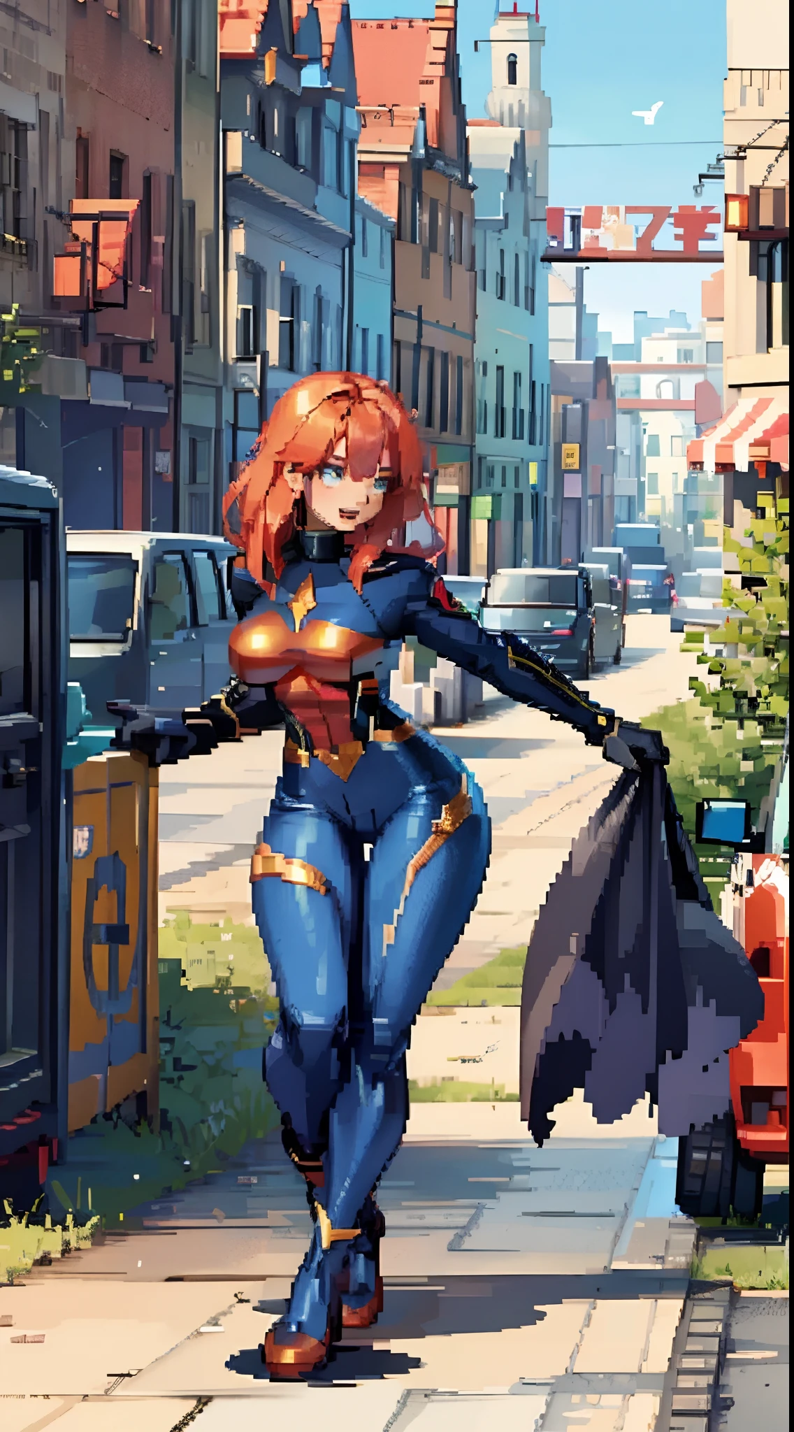 1 female, solo, Jean Grey, masterpiece, very detailed, EnvyBetterHands LoCon,  flying, city background, realistic body proportion,