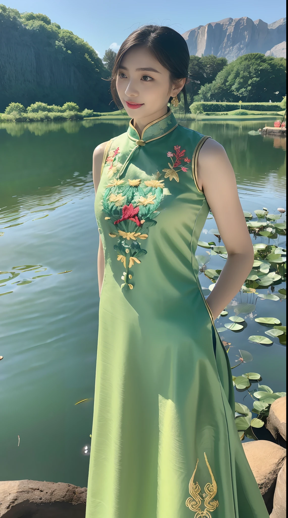 1girll,(Wearing a light green cheongsam embroidered with gold embroidery:1.2),cowboy_Shot,pond,Lotus leaf,Lotus,Skiff,Blue sky,Stone arch bridge,mediating_Shot,