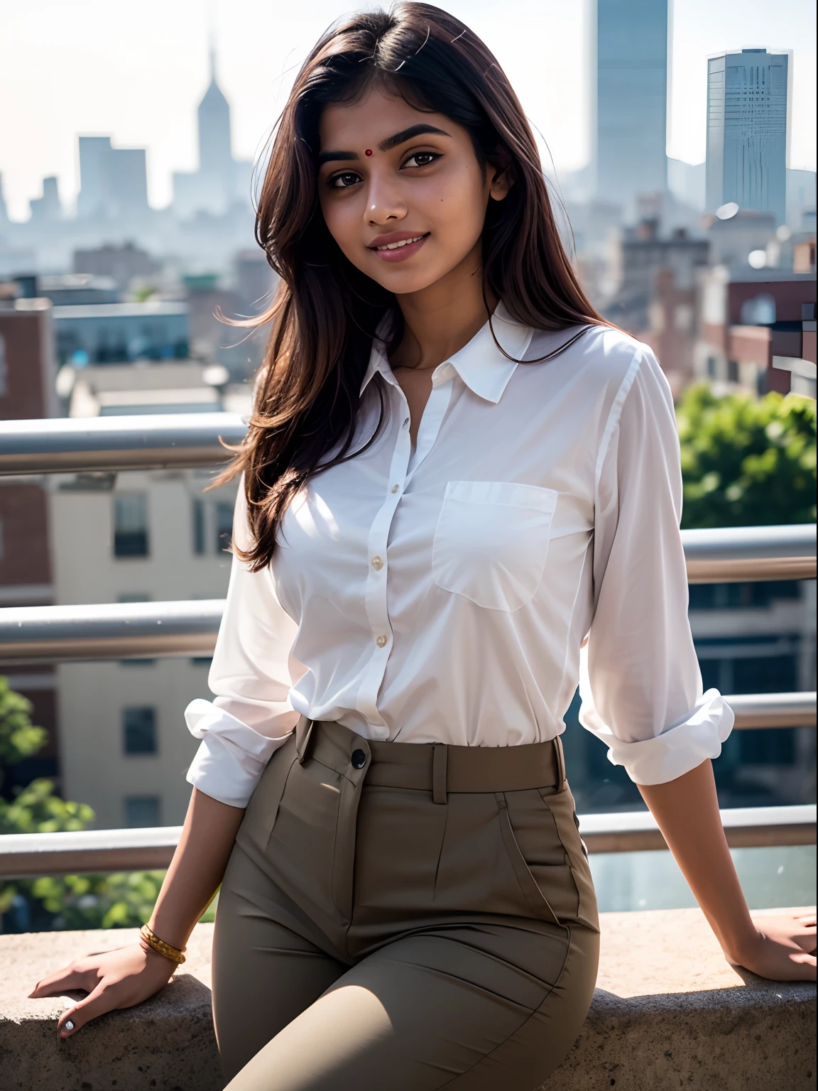 Indian Girl wearing shirt and pant tucked in, city background  , perfect face, natural lighting , perfect eyes, perfect lips, perfect nose, perfect hands, perfect fingers, perfect legs, full body view, perfect composition, smile,