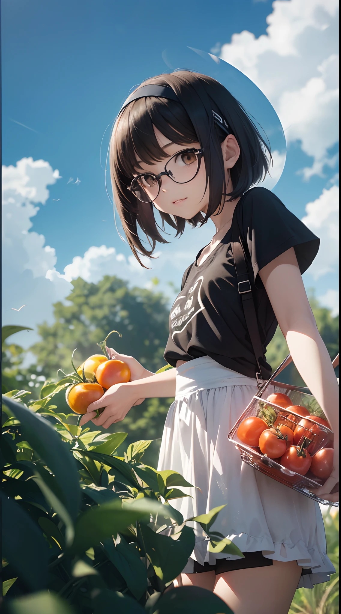 Tomato picking, Beautiful scenery, clear picture quality, Blue sky, (masutepiece, Best Quality, Capture super cute moments, depth of fields, ultra-detailliert, Ultra High Resolution, C4D, Octadale, 3D Modeling, 8K, 16 K, one girls,a , small tits,A dark-haired,short-hair,straight haired,Light brown eyes, horseshoe-shaped hairband,wearing black glasses,Cute face)