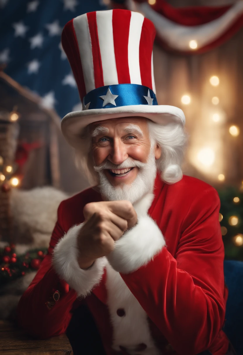 uncle sam pointing at camera but it's santa, jolly, photorealistic, 4k, happy, smile