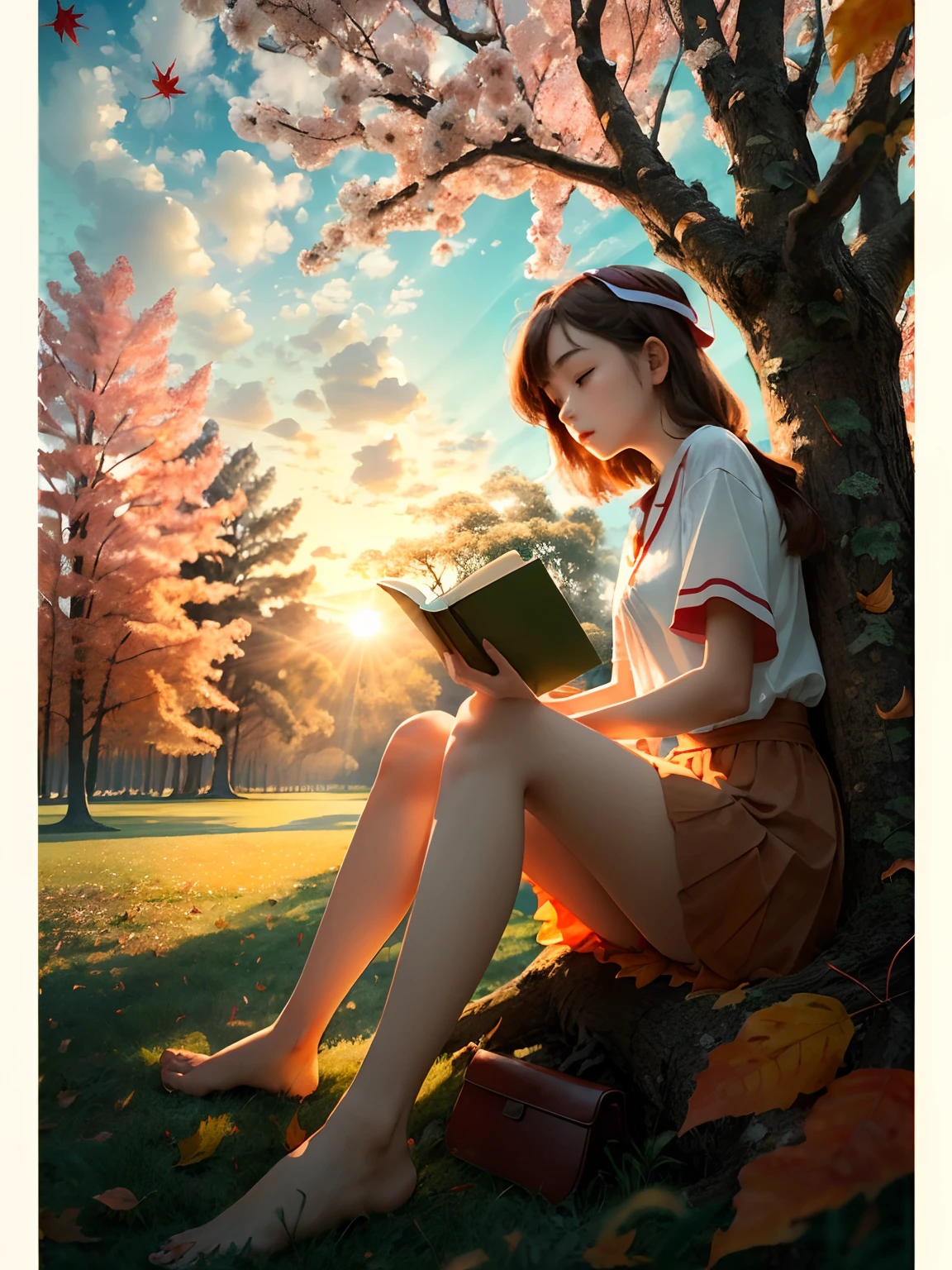 8K分辨率、Ultra-high-definition CG images、1girl in, (Sitting on the grass leaning against a tree, Reading a book, Knees together, Feet apart, up skirt, (hairy:1.1), (Pubic hair:1.1), (view from front, low angles), Onepiece, Detailed, morning, Sunrise, High resolution, ultra-quality, Super masterpiece, Colored leaves,